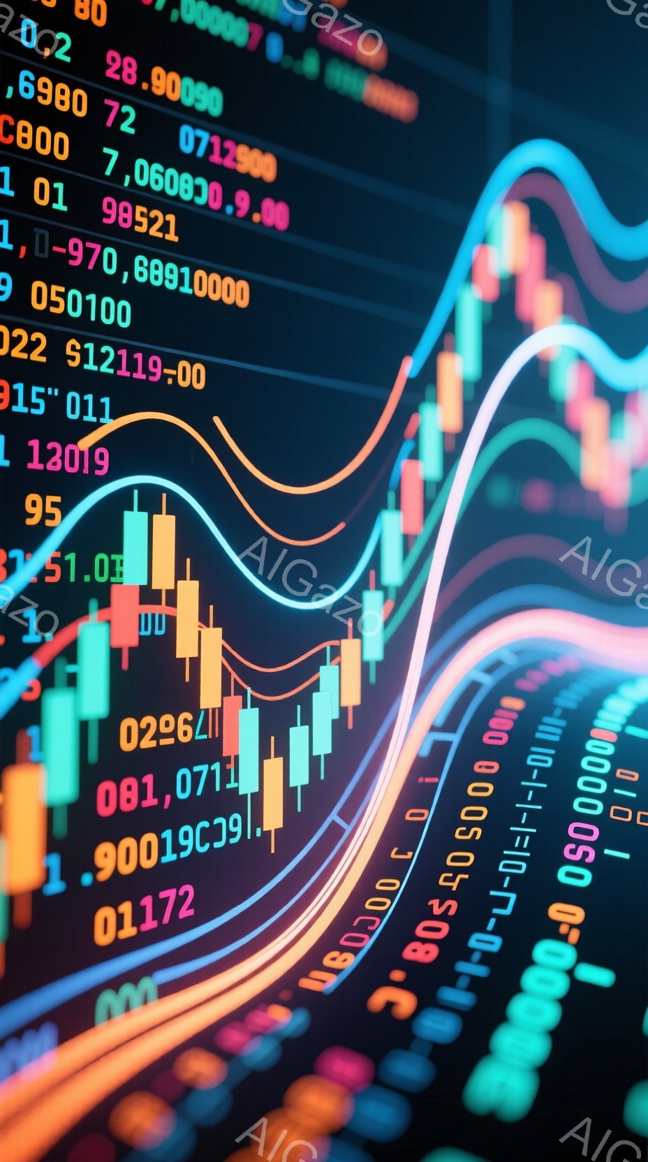 この画像は、金融市場のチャートを強調した抽象的な表現です。鮮やかな緑と赤のロウソク足チャートが、複雑な数字の背景に重なり合っており、活気のある経済活動を示唆しています。曲線的なグラフが上に伸びており、 - AI生成フリー素材