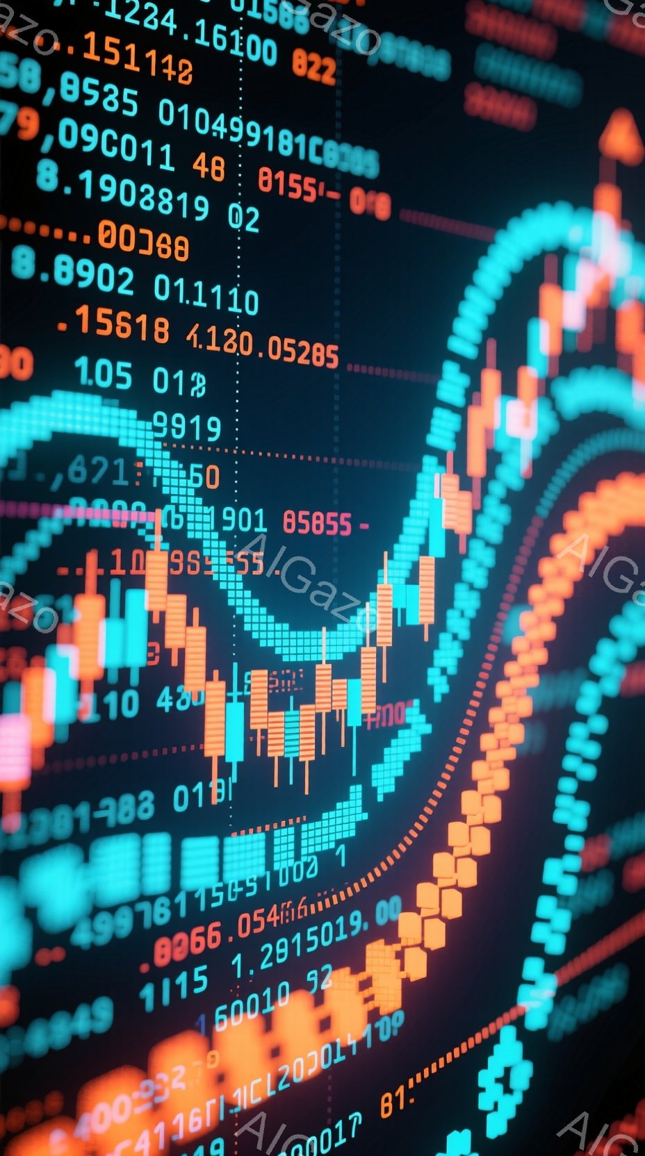 この画像は、複雑な数値と記号のパターンが渦巻く抽象的な表現です。鮮やかなピンク、青、緑の色調が、デジタルな空間やデータストリームを想起させます。全体的に、テクノロジー、金融市場、または複雑なシステムを視覚化するような、未来的な雰囲気を持っています。