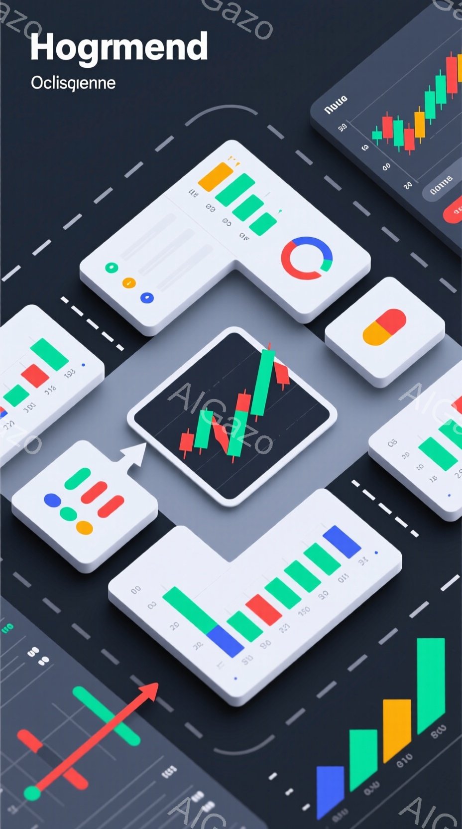 この画像は、様々な色の棒グラフやローソク足チャートが浮遊している抽象的な構成です。グラフは緑、赤、青、オレンジなどの鮮やかな色で表現され、上昇と下降のトレンドを示唆しています。全体的にモダンでミニマルなデザインで、金融データや市場分析を想起させる雰囲気です。