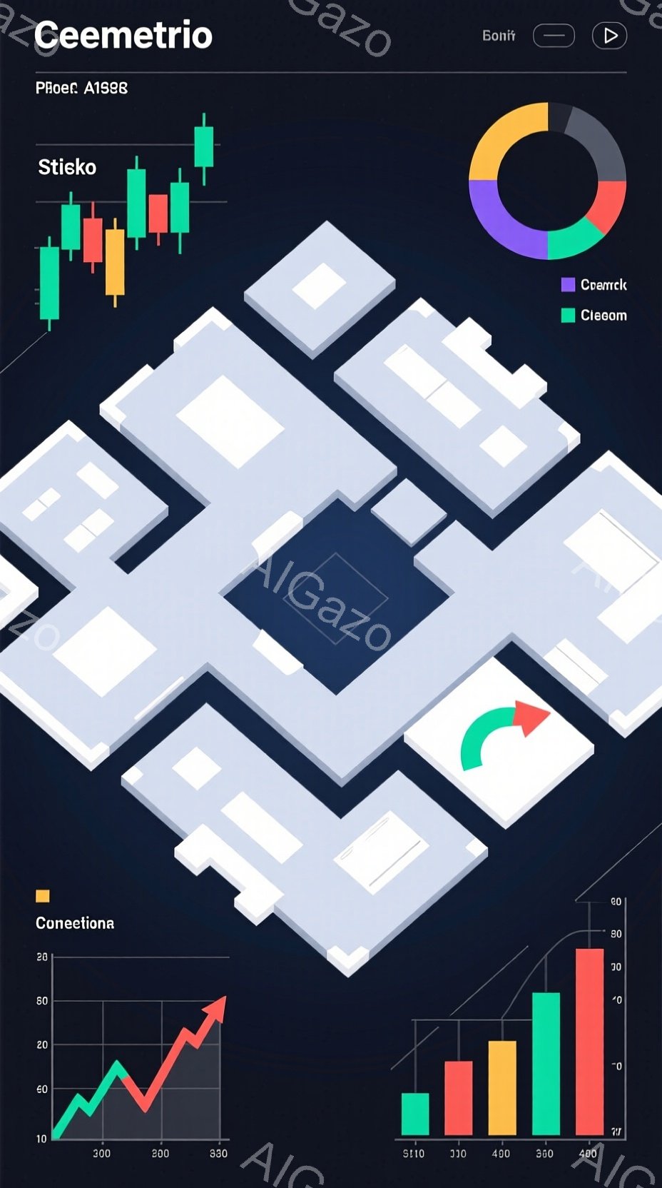 この画像は、上空から見た近代的な建物の複合施設を表現したものです。建物は白を基調とし、幾何学的なデザインで構成され、青色の道路や緑色の植物が配置されています。グラフやアイコンが配置されており、全体的に洗練された技術的な印象を与えます。