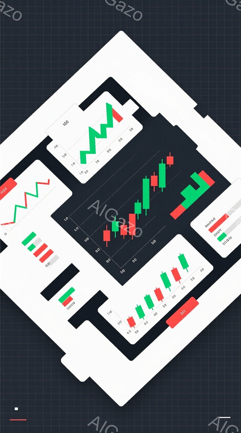 この画像は、複数の白い背景に配置された棒グラフの集合を示しています。それぞれのグラフは、赤と緑の棒で構成され、金融市場の価格変動を表すキャンドルスティックチャートの形式をとっています。 全体的にミニマルなデザインで、株価チャートの視覚的表現に焦点が当てられています。