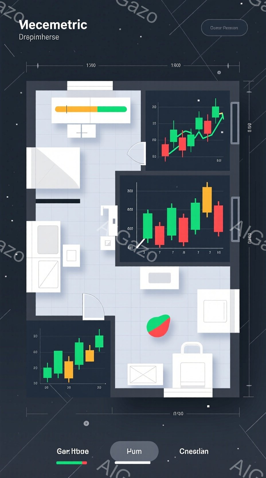 この画像は、見下ろした視点での現代的なインテリアのプランを特徴としています。フローリング、家具、そして部屋の隅に配置されたグラフが確認できます。グラフは株式市場のチャートのように見え、部屋の静かでミニマルな雰囲気とは対照的に、ダイナミックなデータと金融の暗示を与えています。