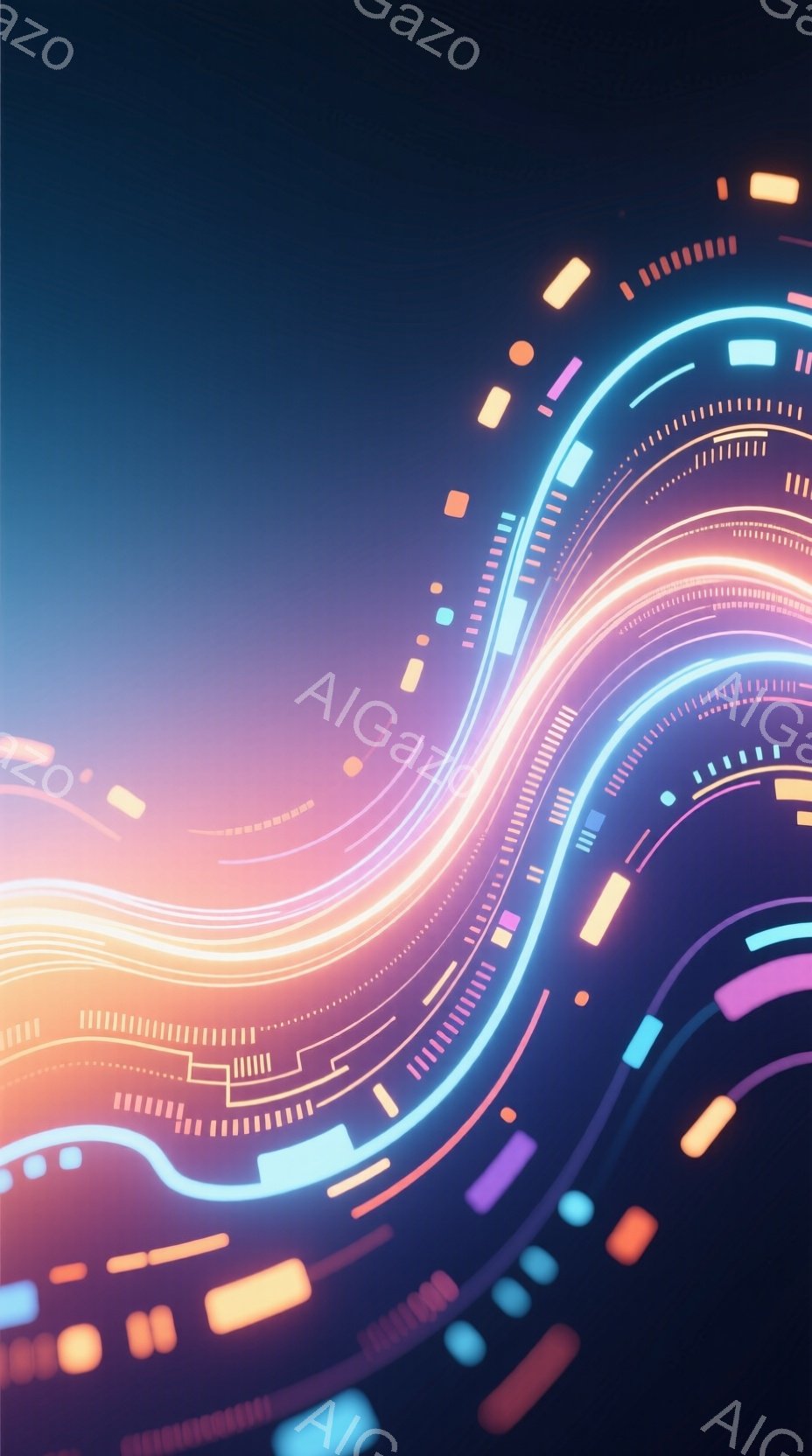 鮮やかなネオンカラーの光の線が渦巻く抽象的な画像です。ラインはさまざまな色（青、紫、オレンジ、ピンク）で構成され、未来的な回路やエネルギーの流れを連想させます。背景は暗く、光のラインが際立っており、サイバーパンクやテクノロジーをテーマにしたデザインに最適です。