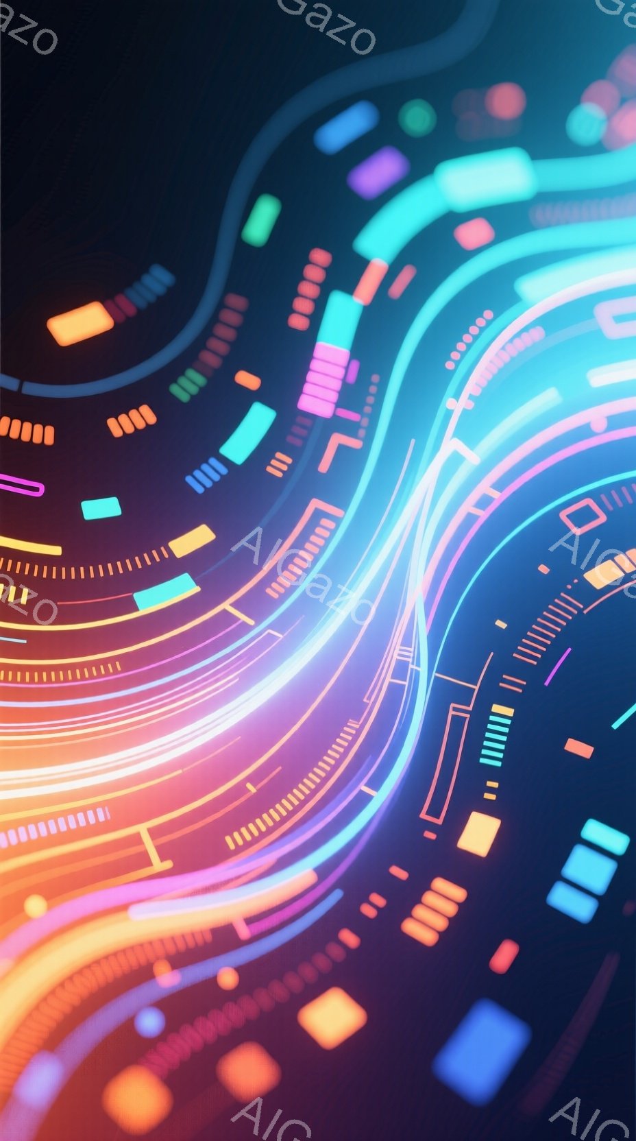 この画像は、鮮やかなネオンカラーの線が渦巻状に広がる抽象的な表現です。オレンジ、ピンク、青、緑などの色が混ざり合い、未来的なエネルギーを感じさせます。背景は暗く、線が発光しているように見え、サイバーパ - AI生成フリー素材