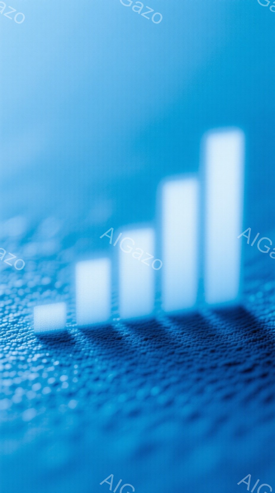 画像は、青いテクスチャの背景に、徐々に高くなる棒グラフが並んだ様子を捉えています。グラフは白く、影が落ちており、立体感があります。全体的にクールで、成長や進歩といったポジティブな印象を与える写真です。 - AI生成フリー素材