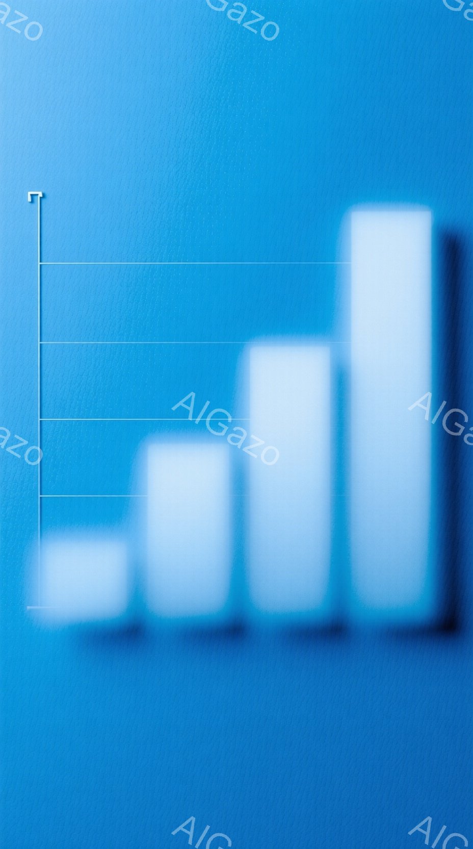 この画像は、青色の背景に、白く光沢のある棒グラフが描かれています。グラフは左から右へ徐々に高くなり、成長や上昇の概念を視覚的に表しています。全体的にシンプルでミニマルなデザインで、ビジネスやプレゼンテーションなどでよく用いられるイメージです。