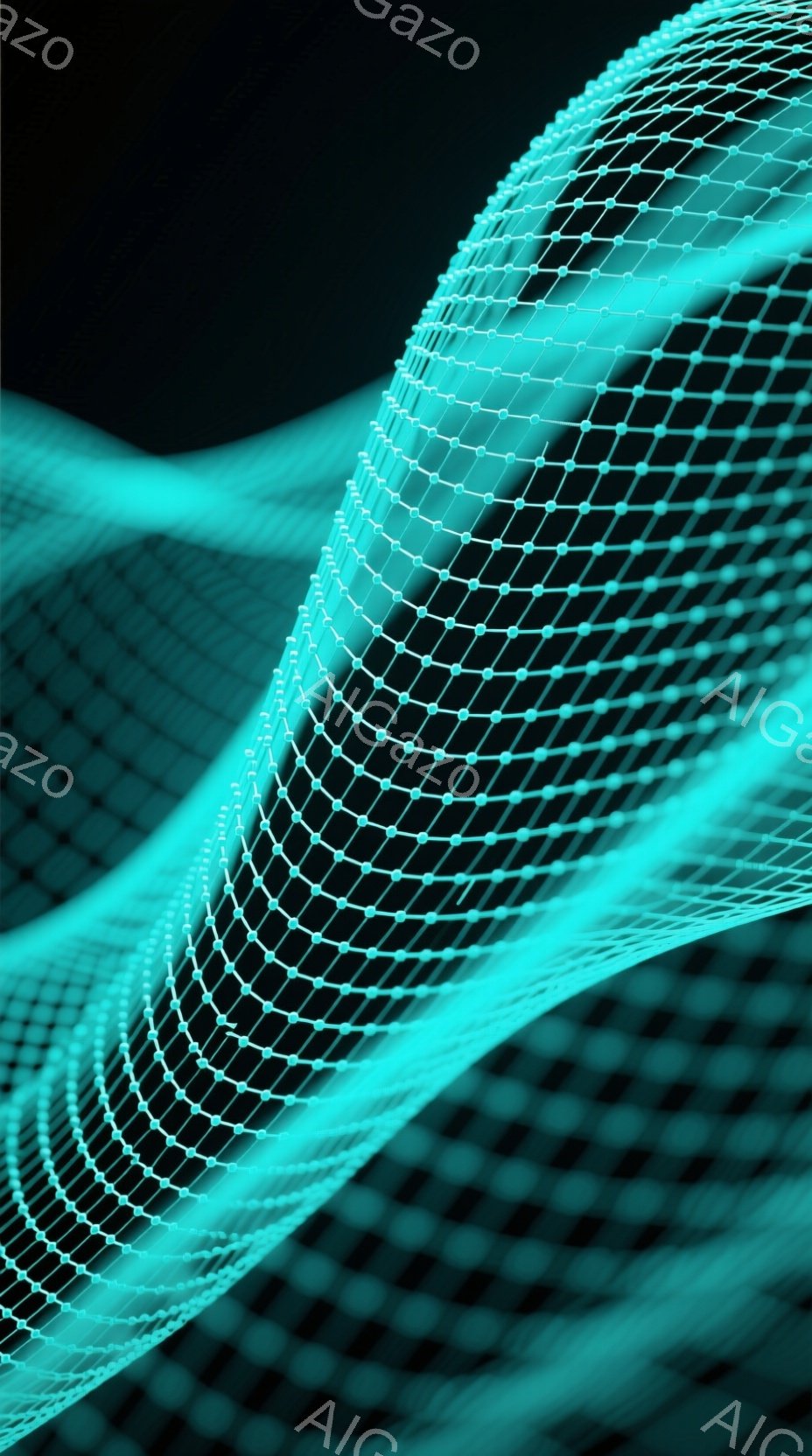 鮮やかなターコイズブルーの光の線が、ねじれた波のような形状で流れています。無数の小さな点が線で繋がれており、デジタルで構成された立体的な構造を形成しています。背景は暗く、光の線が際立って見え、未来的な印象を与えます。