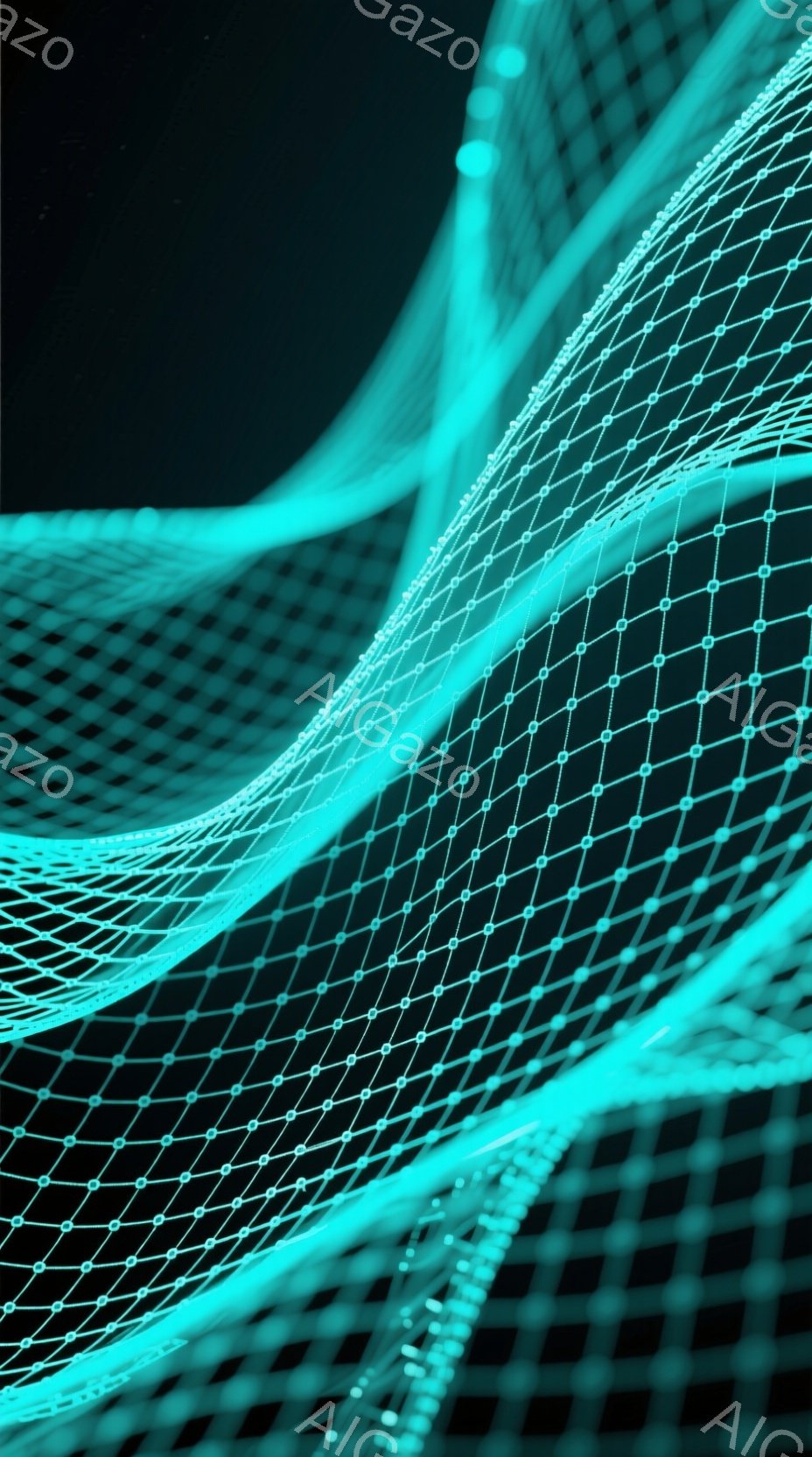 鮮やかなターコイズブルーの光の線が、複雑に絡み合いながら流れるような曲線を描いている。暗い黒色の背景が、光の線を引き立て、未来的な印象を与える。全体として、テクノロジーと芸術が融合した抽象的なイメージ - AI生成フリー素材