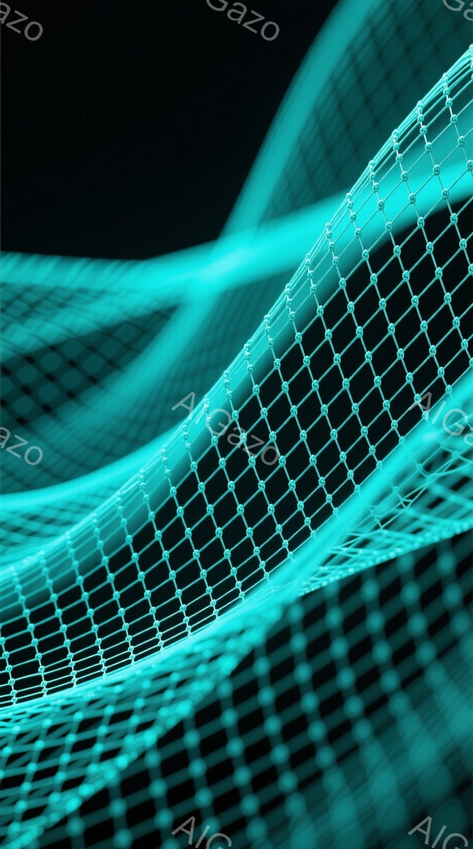 鮮やかなターコイズブルーの光の線が複雑に絡み合い、流れるような波のような形を形成しています。まるでデジタルな神経回路やエネルギーの流れを視覚化したようで、背景は暗く深い黒で、光の線が際立っています。全 - AI生成フリー素材