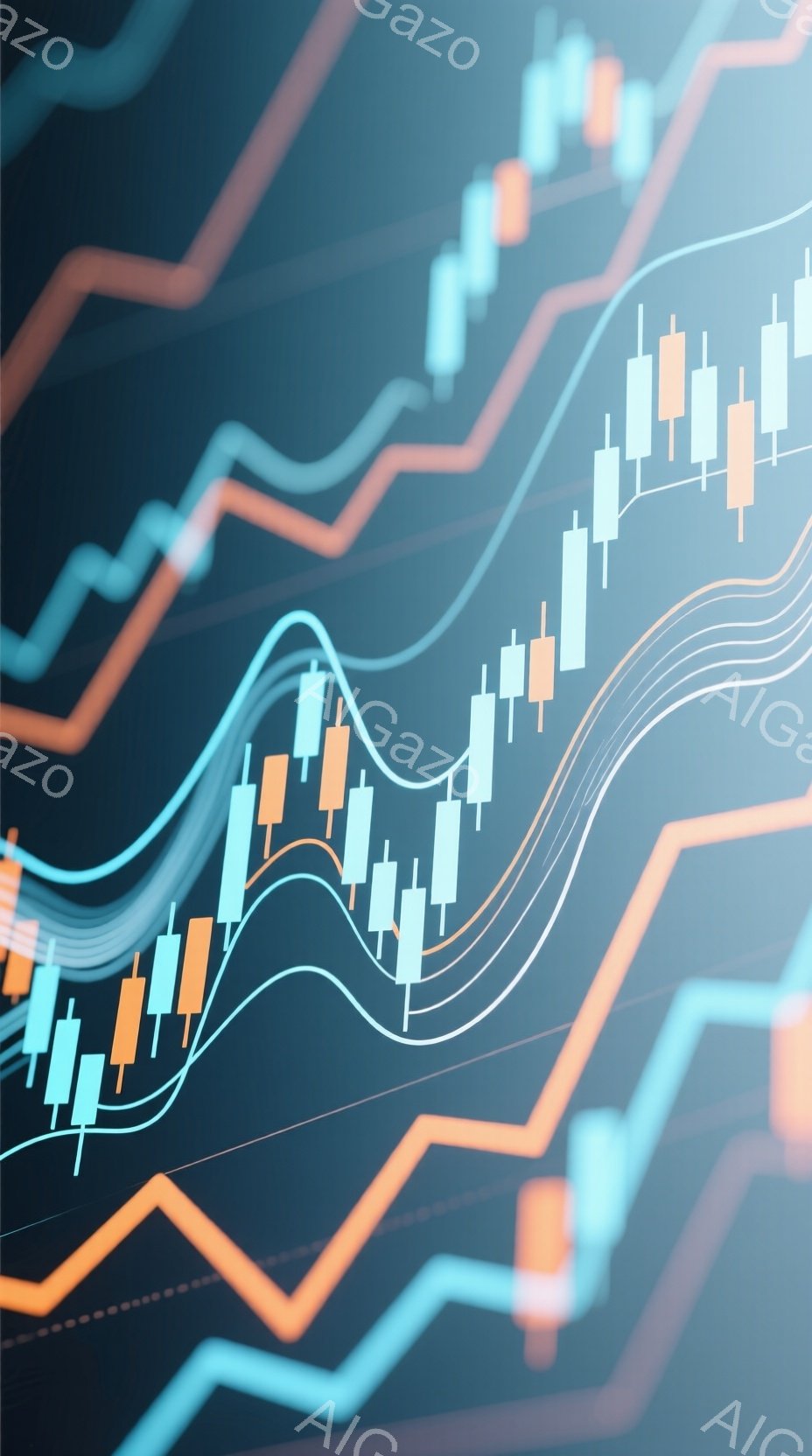 この画像は、複数の線グラフとローソク足チャートが重ねて表示された金融市場の図です。オレンジ、水色、白の線が複雑に絡み合い、背景は暗いグレーで、市場の変動と複雑さを表現しています。全体として、データ分析 - AI生成フリー素材