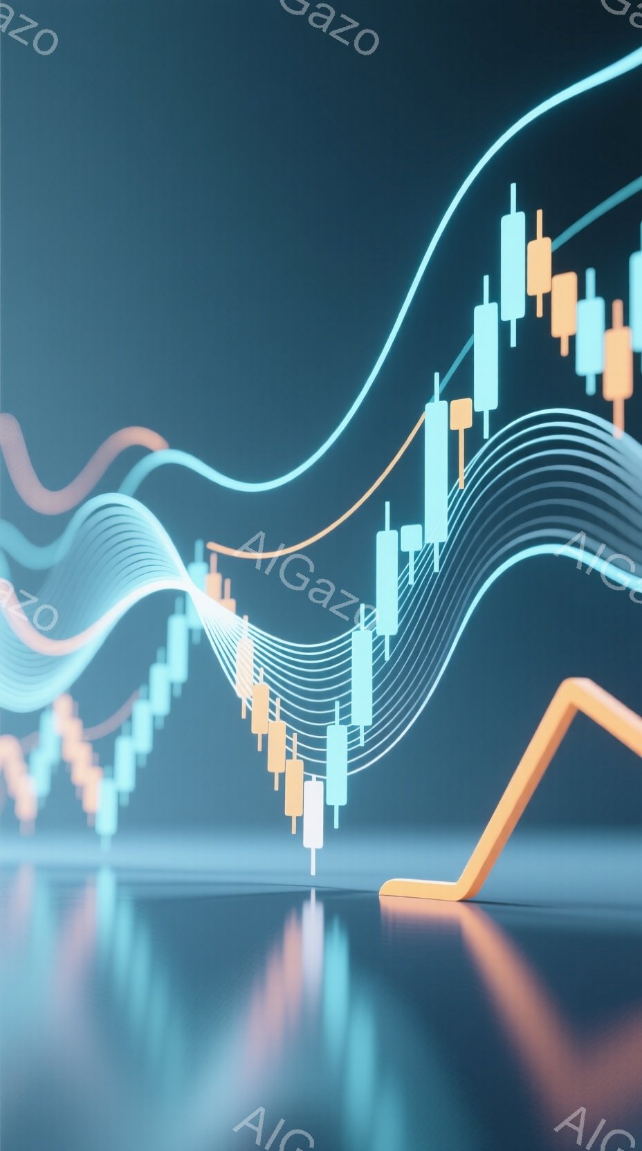 この画像は、鮮やかなオレンジ色の曲線が床から伸び、上昇するキャンドルスティックチャートの列を照らしている様子を描いています。チャートは明るい青色と白色で構成され、滑らかな反射面がそれをさらに強調してい - AI生成フリー素材