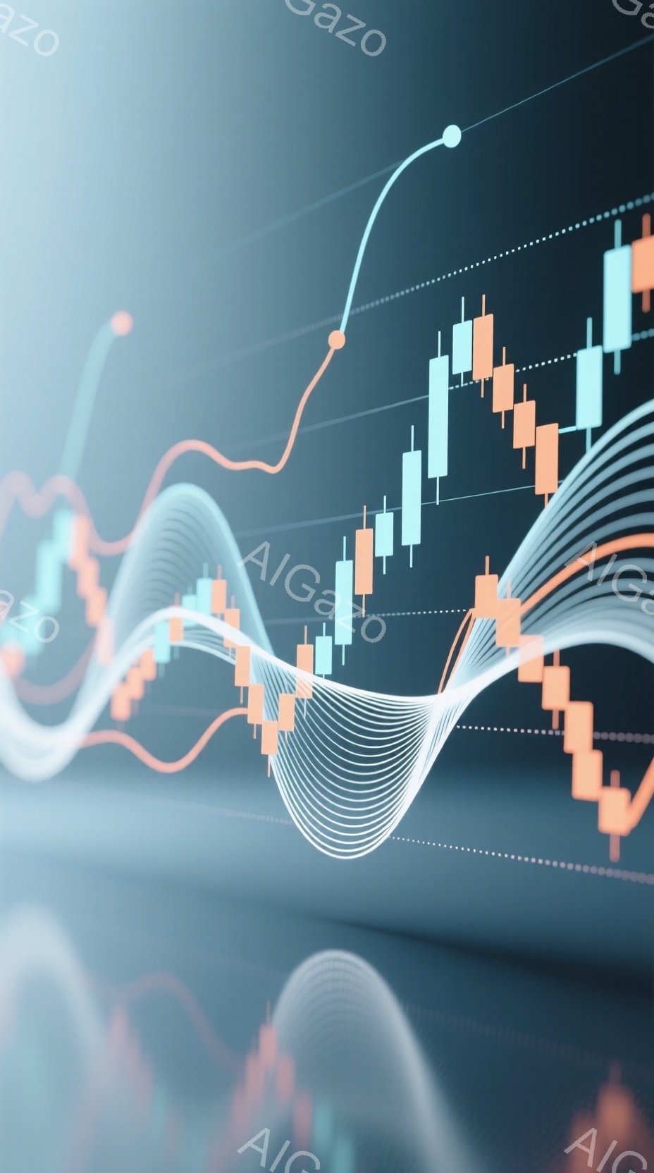 この画像は、金融市場のチャートを抽象的に表現したものです。オレンジと緑のローソク足チャートが背景にあり、その上に白い線が波状に重なっています。オレンジ色の線が上昇傾向を示し、全体的に未来的な印象を与え - AI生成フリー素材