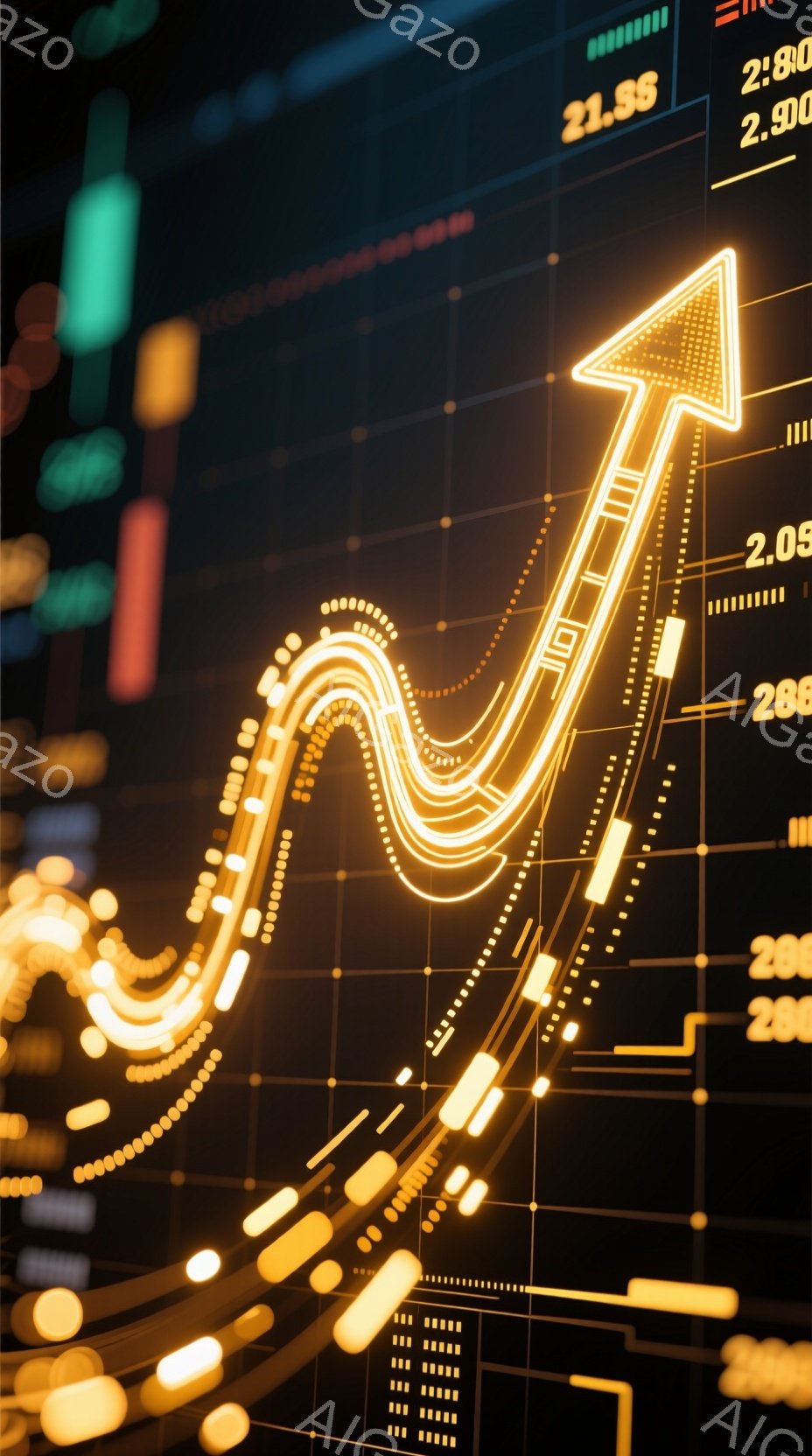 鮮やかなオレンジ色の光の線が、黒いグリッド状の背景を上昇していく様子が描かれています。光の線は未来的な回路のような模様で構成されており、背景にはぼやけた数値やチャートがわずかに見えます。全体的に、テク - AI生成フリー素材