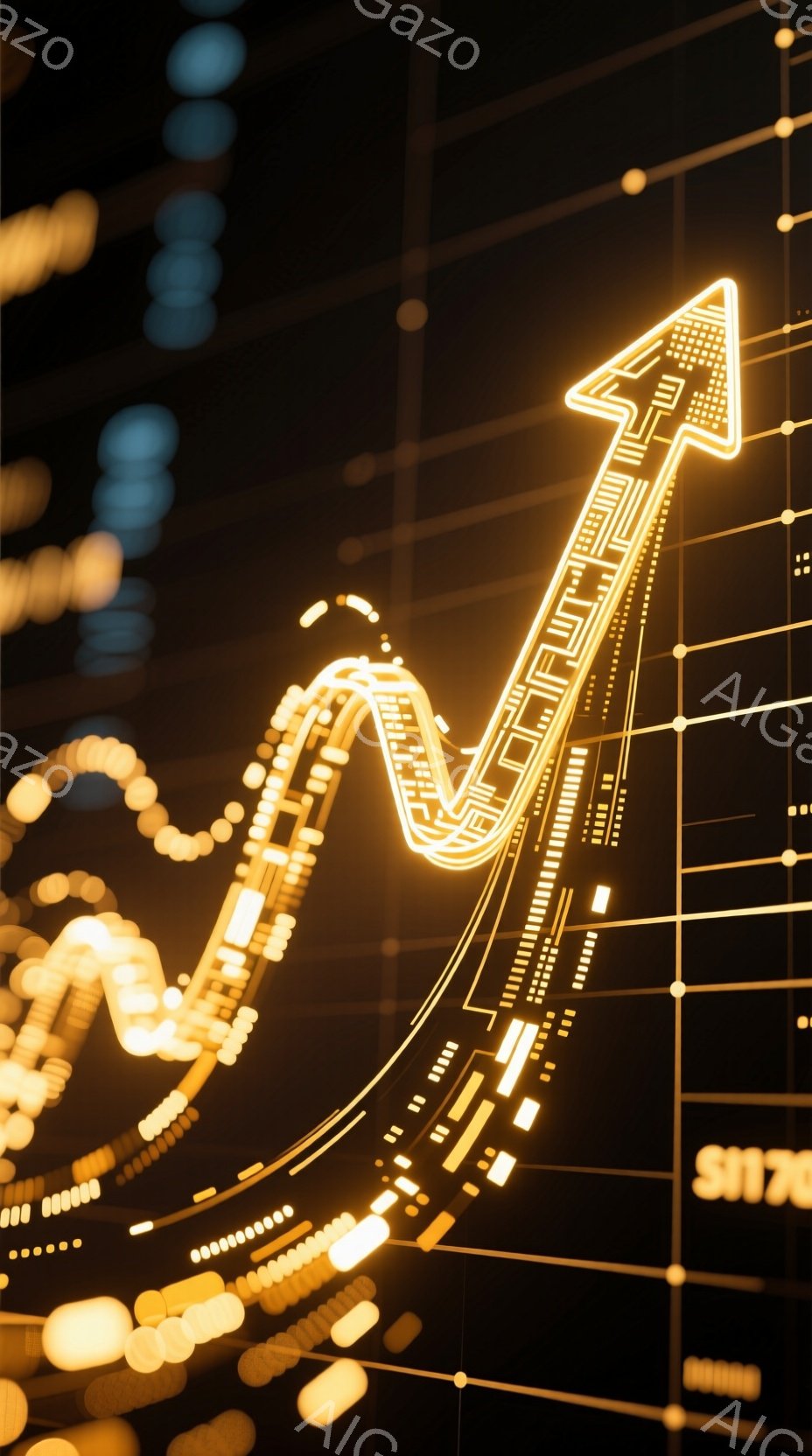 鮮やかなオレンジ色の光の線が、未来的な回路図のような形で空高く伸びています。光の線は、高層ビル群を駆け上がっているかのような錯覚を与え、全体的に躍動感とエネルギーに満ちた印象を与えます。背景には、点描のような光の粒子が散りばめられ、夜空の輝きを思わせる幻想的な雰囲気を醸し出しています。
