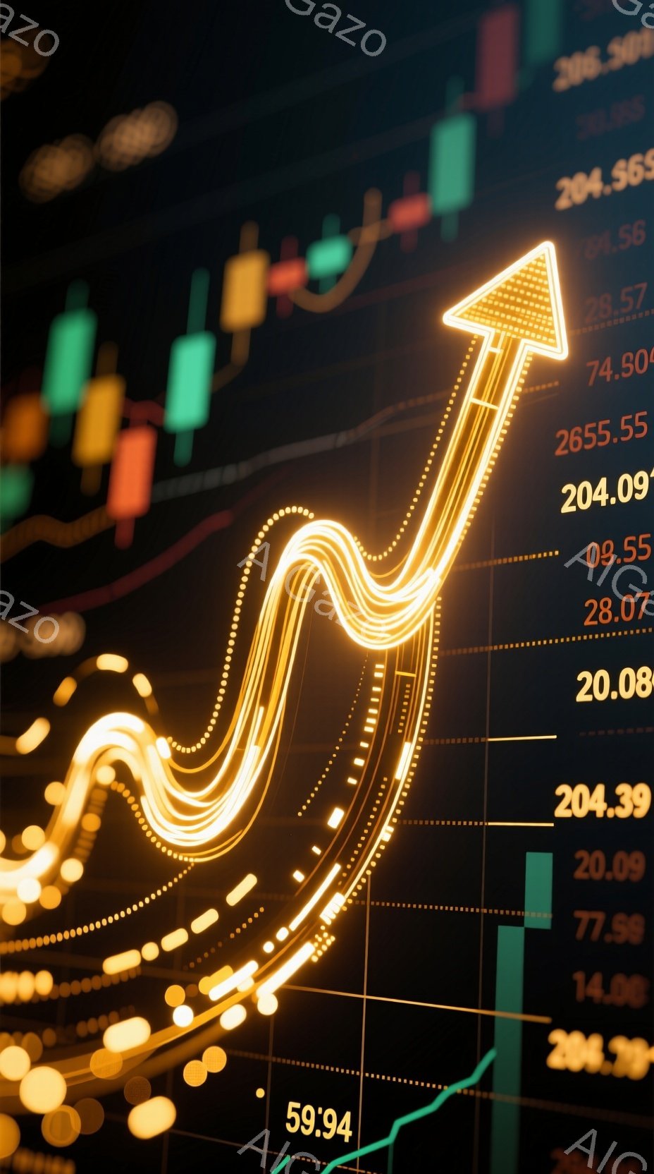 鮮やかな光の線が矢印のように上向きに伸び、成長や成功を象徴している。背景には、さまざまな数値が並んだバーチャートがあり、金融市場や経済状況を表しているようだ。全体的に躍動感があり、明るくポジティブな雰囲気を醸し出している。