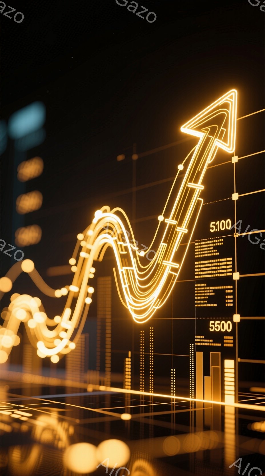 金色の線が力強く上昇していく様子が印象的な画像です。背景には、都市の夜景を模した光の帯と、金融市場のグラフが配置され、活気と成長のイメージを喚起します。全体的に暖色系の光が用いられ、未来的な雰囲気と高揚感を生み出しています。