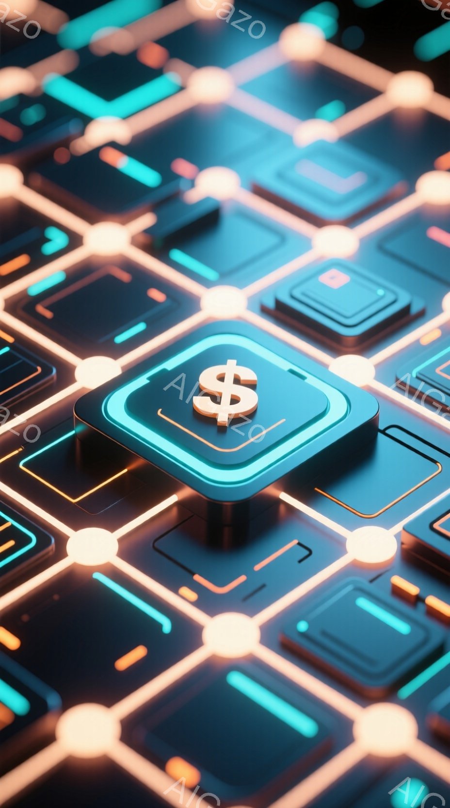 この画像は、暗い背景に配置された未来的な回路基板のようなパターンが描かれています。鮮やかなターコイズブルーとオレンジ色のラインが、互いに接続された小さな四角形を構成し、中央には金色のドル記号($)が刻まれた強調された四角形があります。全体的に、テクノロジー、金融、そして接続性といったテーマを想起させる、洗練されたデジタルな雰囲気です。