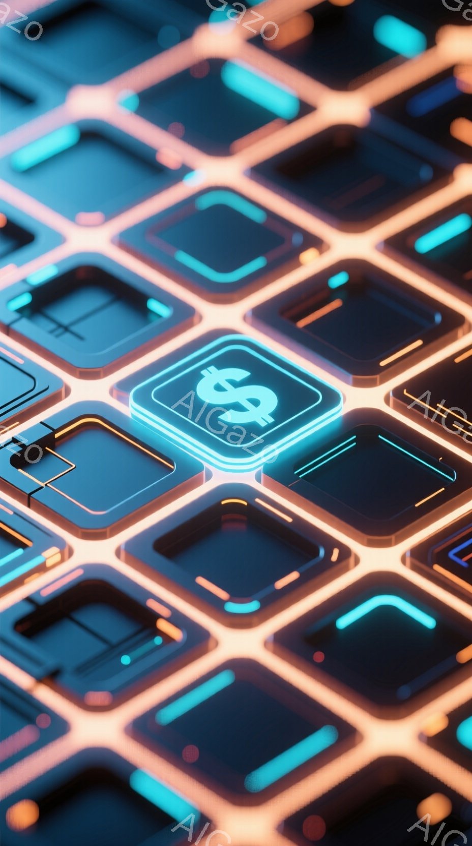 画像は、未来的な回路基板のようなテクスチャで構成されており、明るいオレンジ色の光が流れるようなラインで区切られた青い四角形が幾何学的に配置されています。 一つの四角形の中には、白く光るドル記号（$）が浮かび上がり、金銭や金融を想起させる印象を与えています。 全体として、高科技で洗練された、デジタル世界の抽象的な表現となっています。