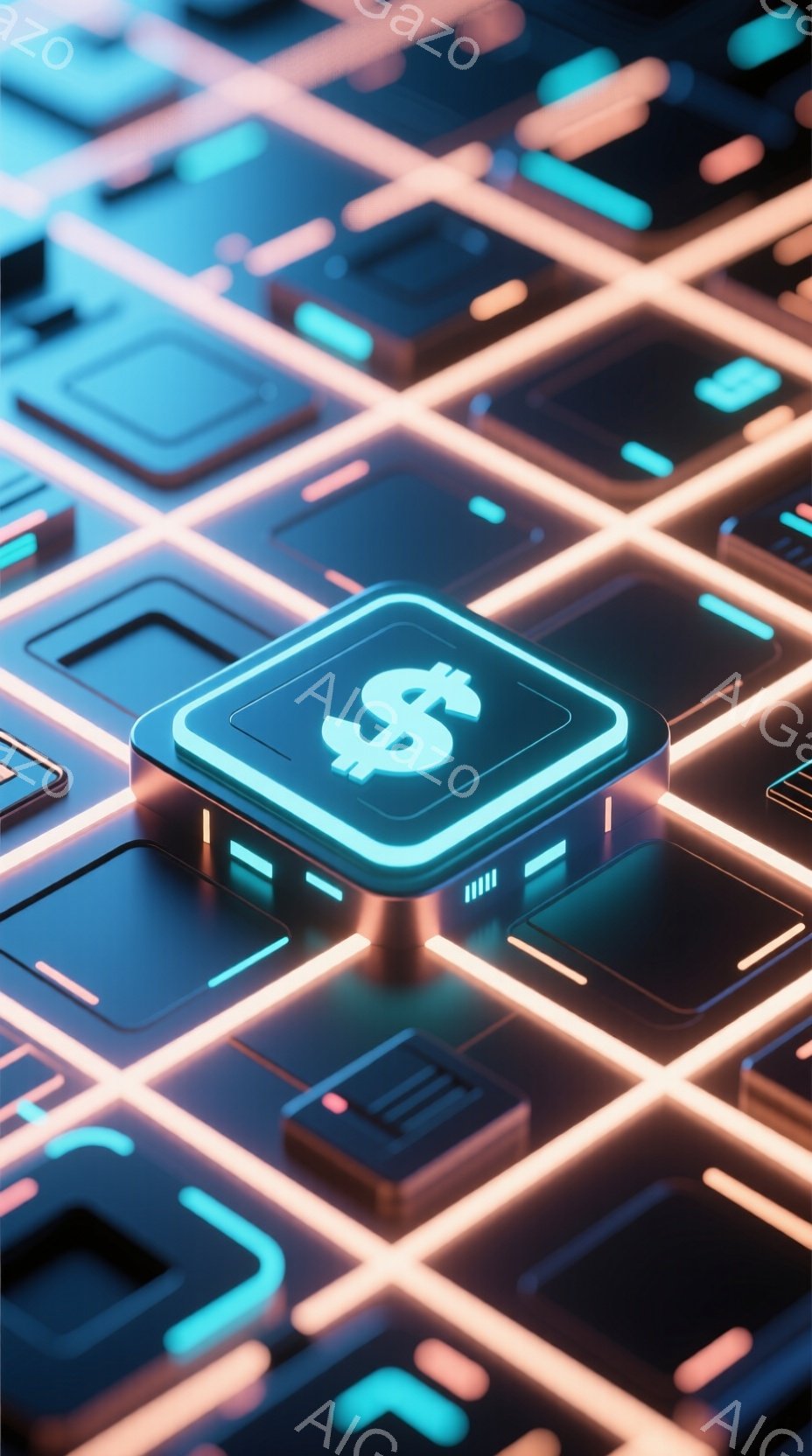 鮮やかなネオンカラーで構成された抽象的なデジタル風景が広がっています。中央には、ドル記号($)が刻まれた光るキューブが配置され、周囲は複雑な回路のようなラインで構成されています。全体的に未来的な雰囲気で、テクノロジーと金融を象徴するようなイメージです。