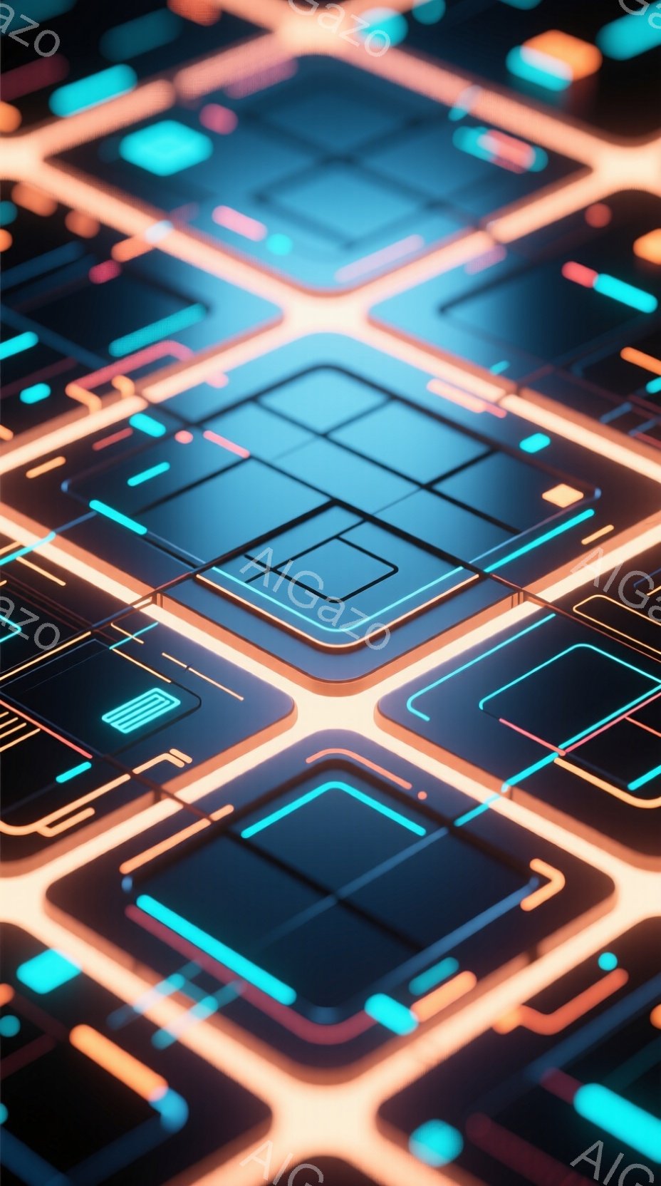 鮮やかなネオンカラーの回路図のようなパターンが、奥行きのある視点から広がっています。青、オレンジ、ピンクの光が、黒い背景に浮かび上がるように配置され、未来的なテクノロジーの雰囲気を醸し出しています。幾 - AI生成フリー素材