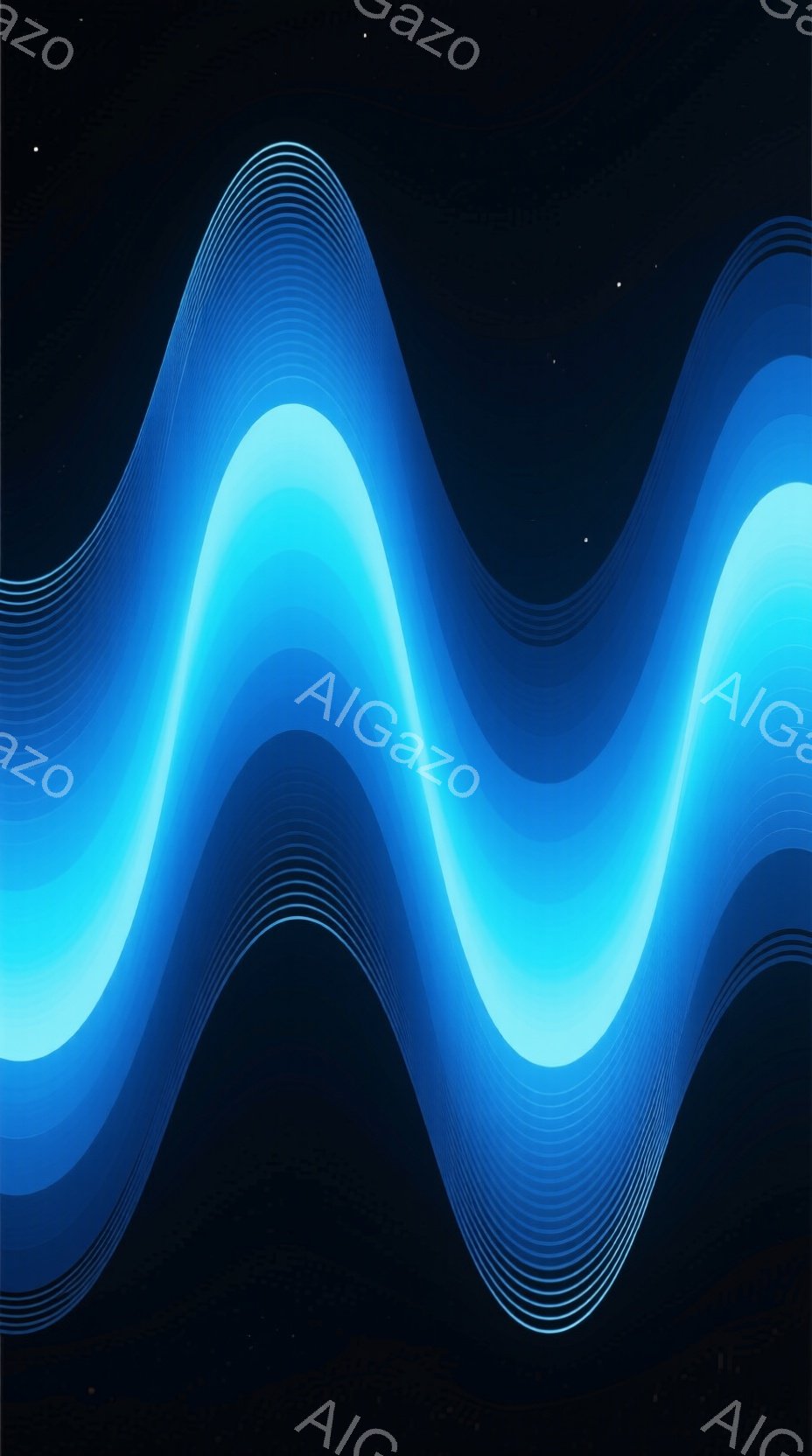 この画像は、濃い青色の背景に、明るい水色の波のような曲線が複数、水平方向に並んだ抽象的な構成です。曲線は光沢があり、薄い光の筋が重なり、まるで流動的なエネルギーの視覚化のようです。全体的に神秘的で未来的な雰囲気が漂い、深遠な空間を想起させます。