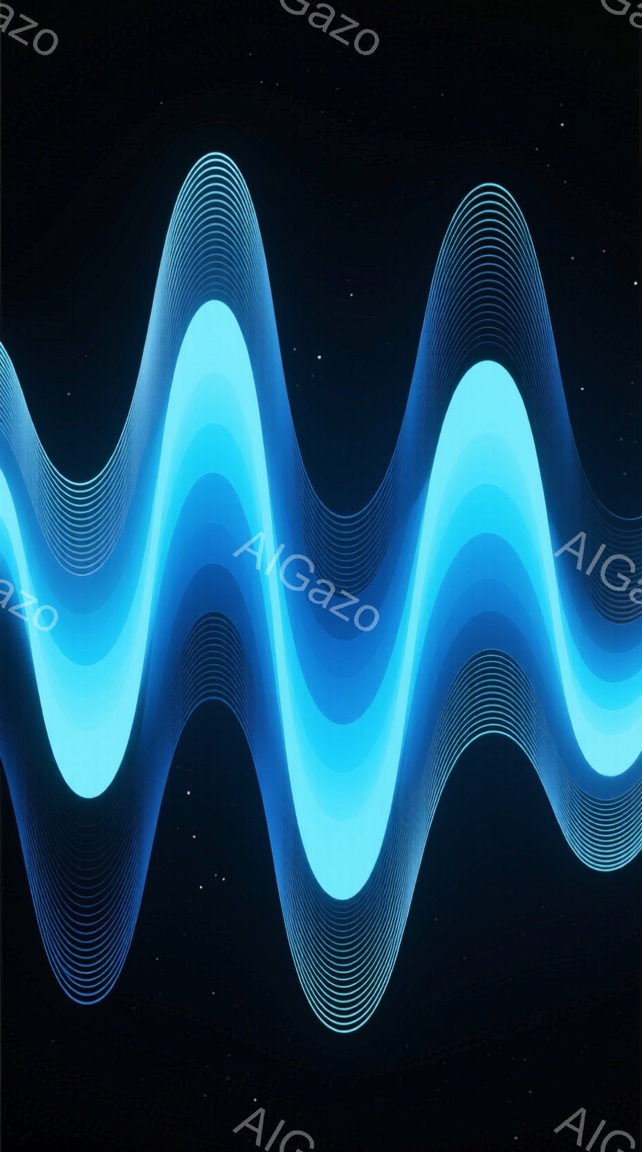 鮮やかな水色の波のような線が、暗い青色の背景に幾重にも重なって描かれています。光のラインは滑らかで流動的であり、まるでエネルギーの流れや音の波形を視覚化したかのようです。背景には微かな星が散りばめられており、神秘的で未来的な雰囲気を醸し出しています。
