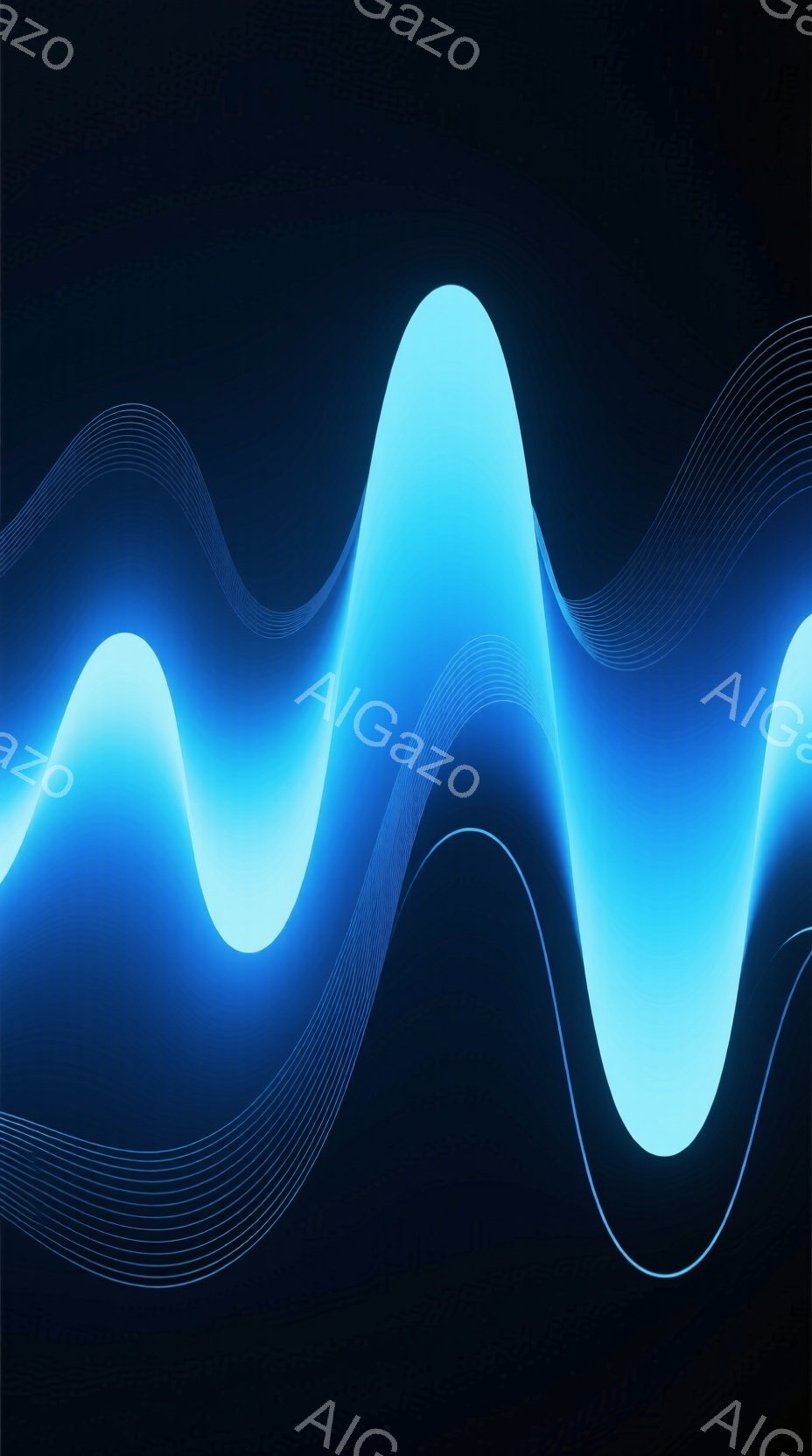 深い黒背景に、明るい水色の線が波のような形を描いている。線は細く、まるで光が屈折しているかのように、複雑に絡み合いながら流れている印象を与える。全体的に未来的な雰囲気で、エネルギーやテクノロジーを想起させるビジュアルだ。