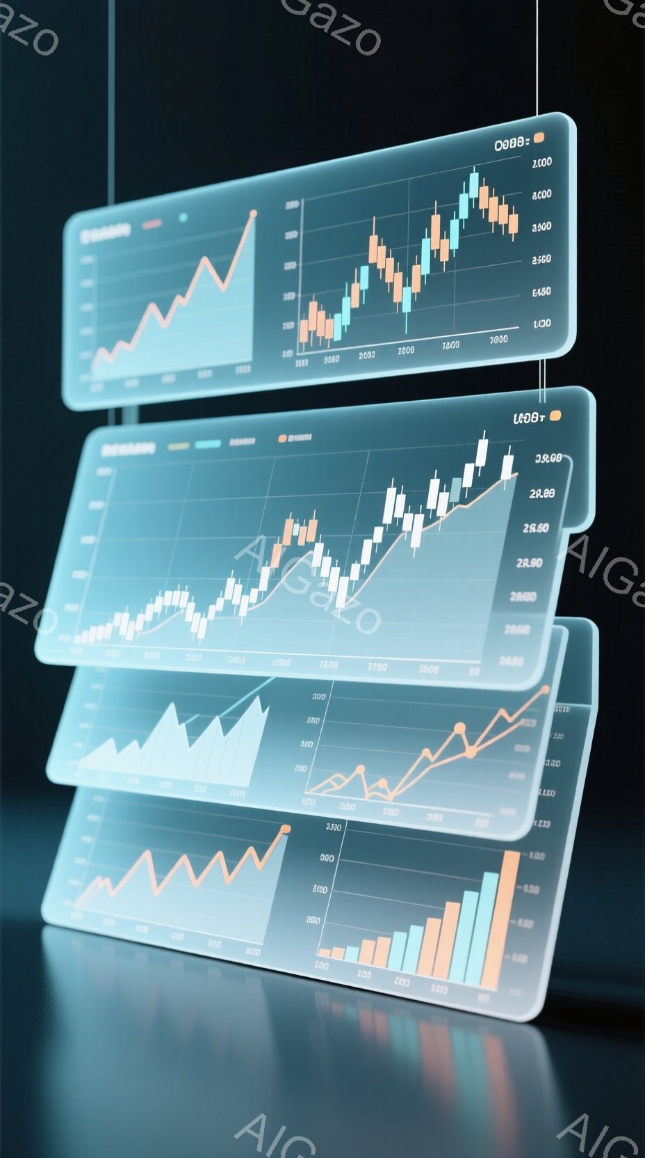 複数のグラフが、光沢のある反射面の上に重ねて表示されています。各グラフは、株式市場の価格変動を表すキャンドルスティックチャートと折れ線グラフで構成されています。全体的に、金融市場のデータ分析を視覚化した、現代的で技術的な雰囲気があります。