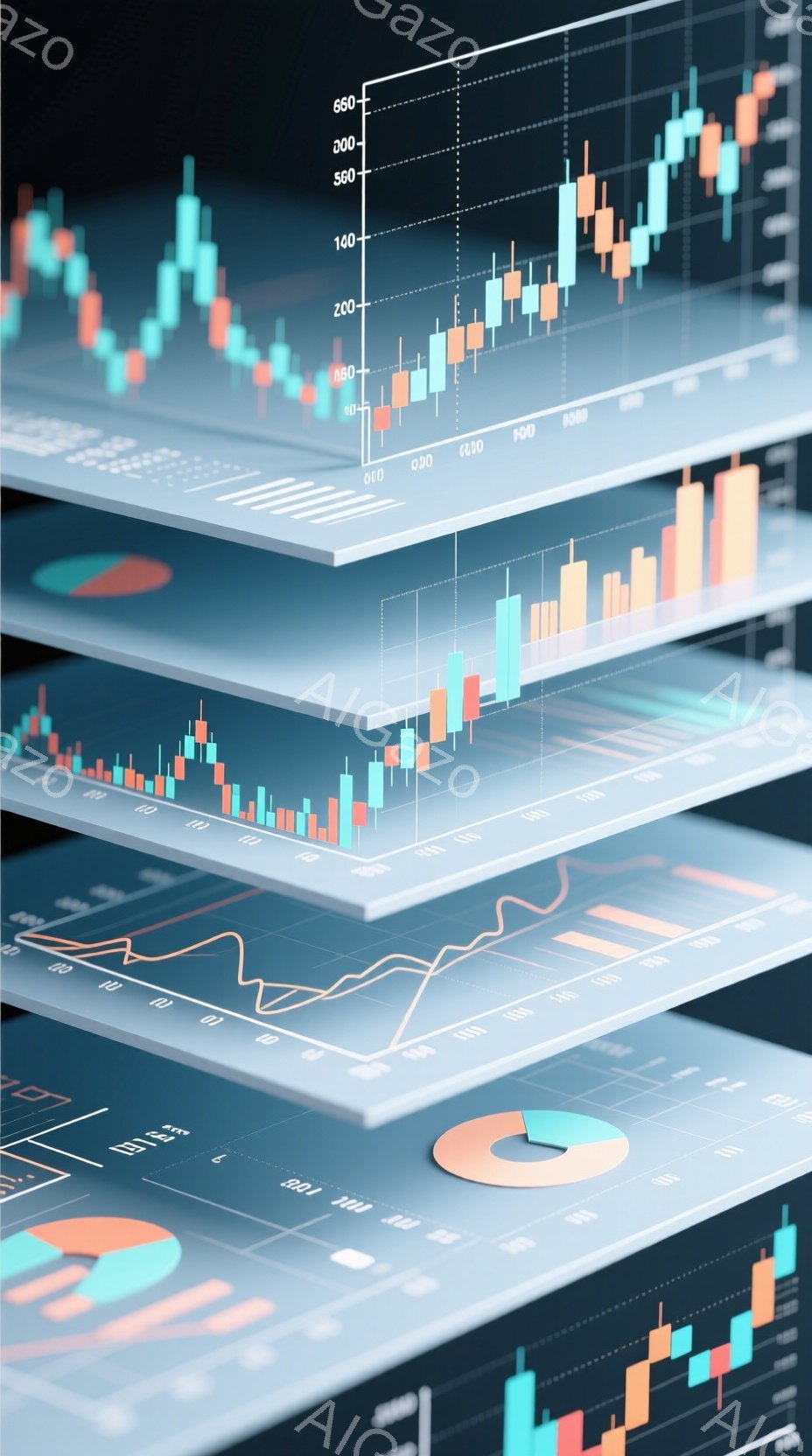 この画像は、複数の層状に重なった金融チャートの視覚的表現です。各層には、株価や市場トレンドを表すキャンドルスティックチャートや折れ線グラフ、円グラフなどが表示されています。全体的に青とオレンジの色調で、洗練された金融データ分析の雰囲気を醸し出しています。