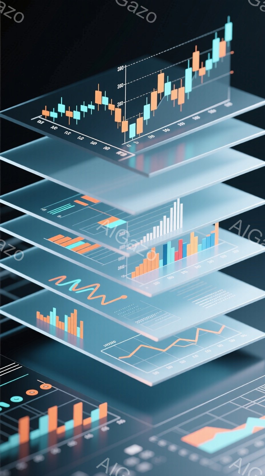 この画像は、オレンジと青の棒グラフが層状に重なり合った、未来的なデータ可視化の表現です。グラフは、市場分析や金融データのトレンドを示すように設計されており、背景は暗く、グラフの鮮やかな色を際立たせています。全体的な雰囲気は、技術的で洗練されており、データに基づいた意思決定を示唆しています。