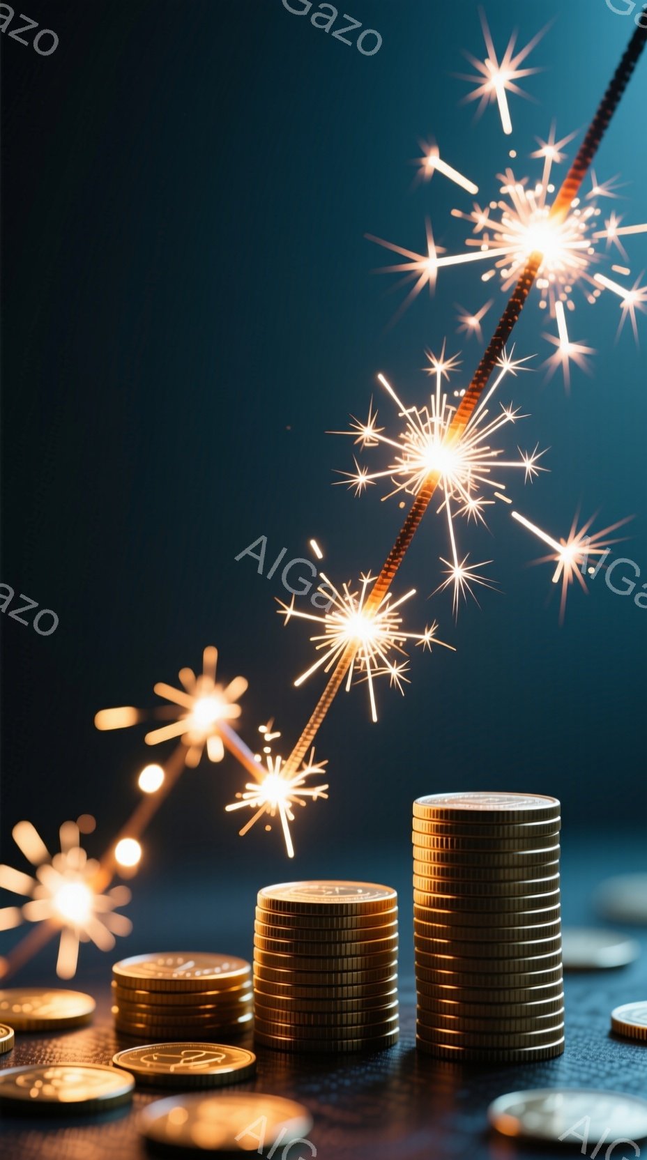 暗い背景に、金色の硬貨が積み重なって3つの塔が作られています。その硬貨の塔の周りには、輝く花火のような光が散りばめられており、お祝いや成功を象徴するような華やかな雰囲気です。全体的に、富と喜びが表現された、暗くてドラマチックなイメージです。