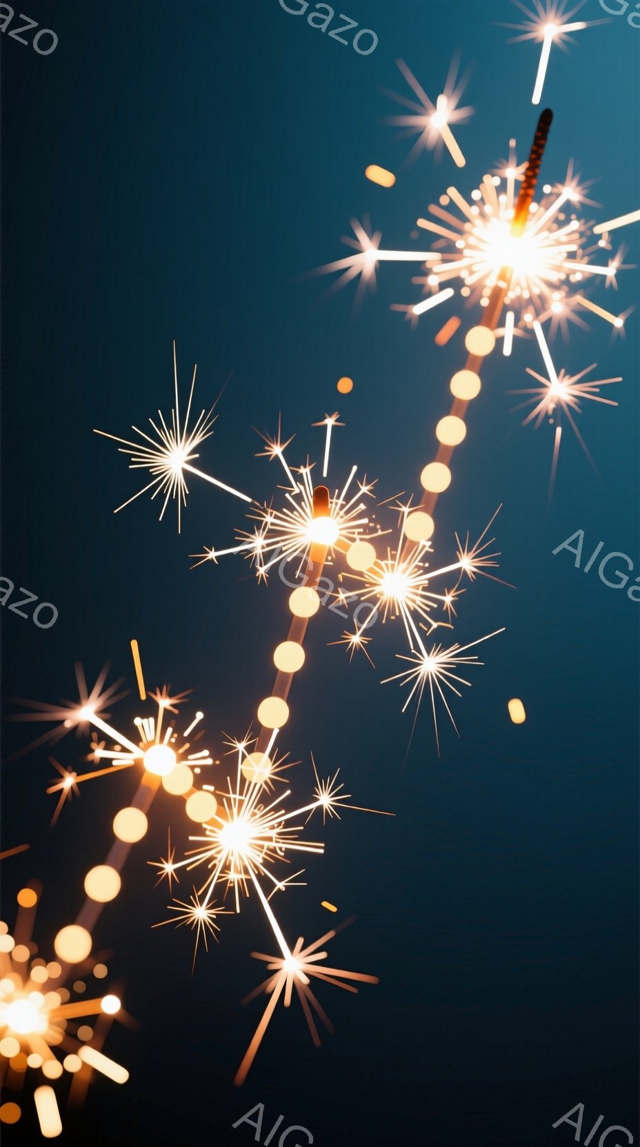 暗い青色の背景に、たくさんの光の筋が星のように輝く様子が捉えられています。それらはまるで、誰かが空中で描いた線画のように、流れるような軌跡を描いています。全体的に、お祝いや祭りのような、活気に満ちた雰囲気が漂っています。