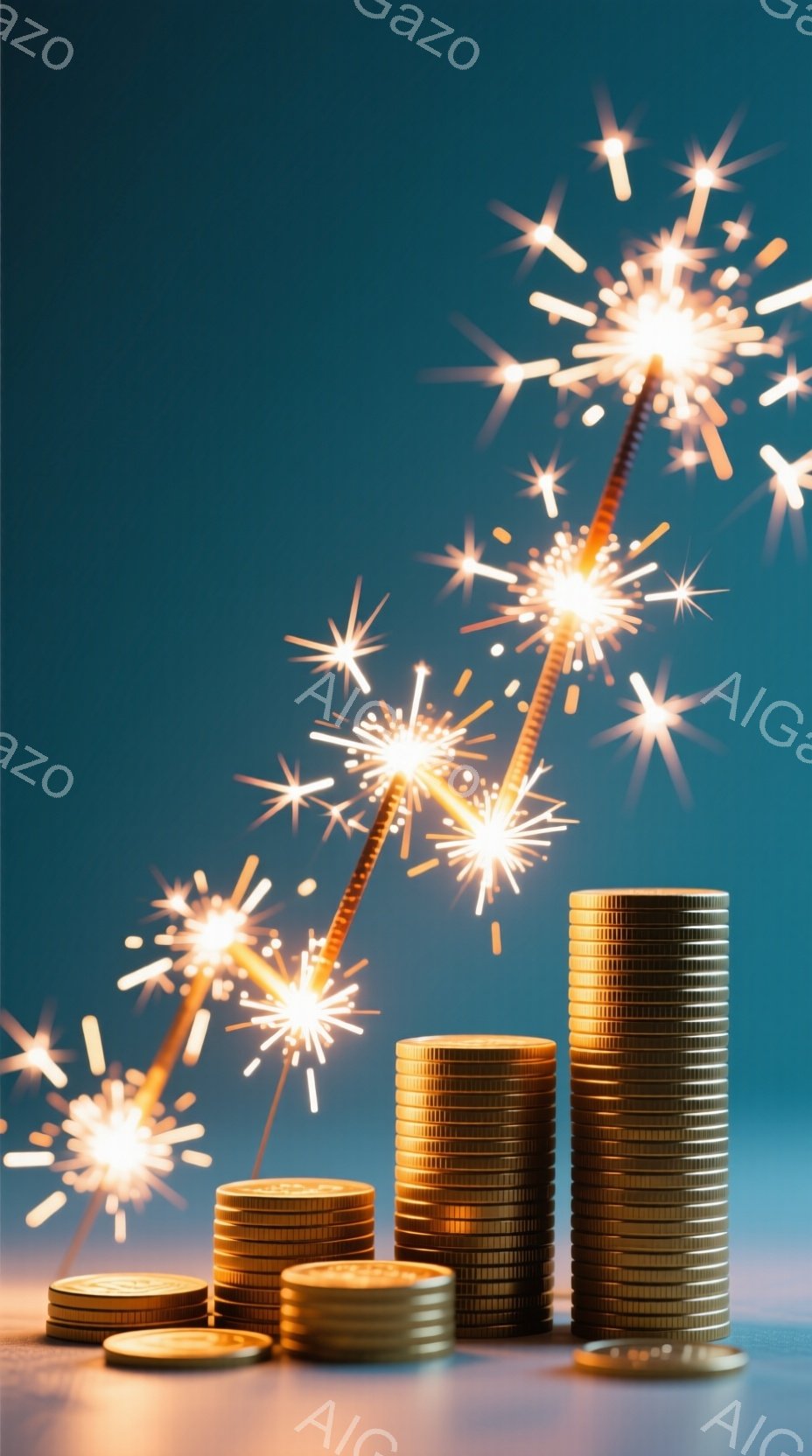 鮮やかな青色の背景を背景に、金色のコインの積み重ねが並んでいます。コインの塔は大小さまざまな高さで並べられ、光り輝く花火のような光がコインの周りから飛び散り、華やかで祝祭的な雰囲気を醸し出しています。全体として、富と成功を祝う象徴的なイメージです。