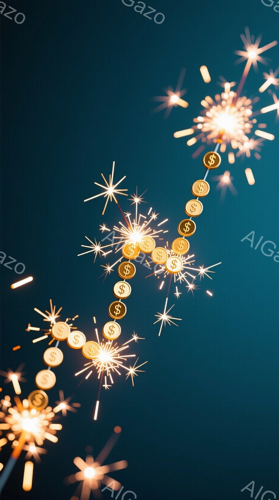 深い青色の背景に、金色のドルサインが入った円形の光の粒子と、星のような光の粒子が飛び交う様子が描かれています。光の粒子は、まるで花火のようにキラキラと輝き、豊かさや繁栄を象徴するような、華やかで活気のある雰囲気を醸し出しています。全体的に、夢幻的で神秘的な光景であり、希望と成功を連想させます。