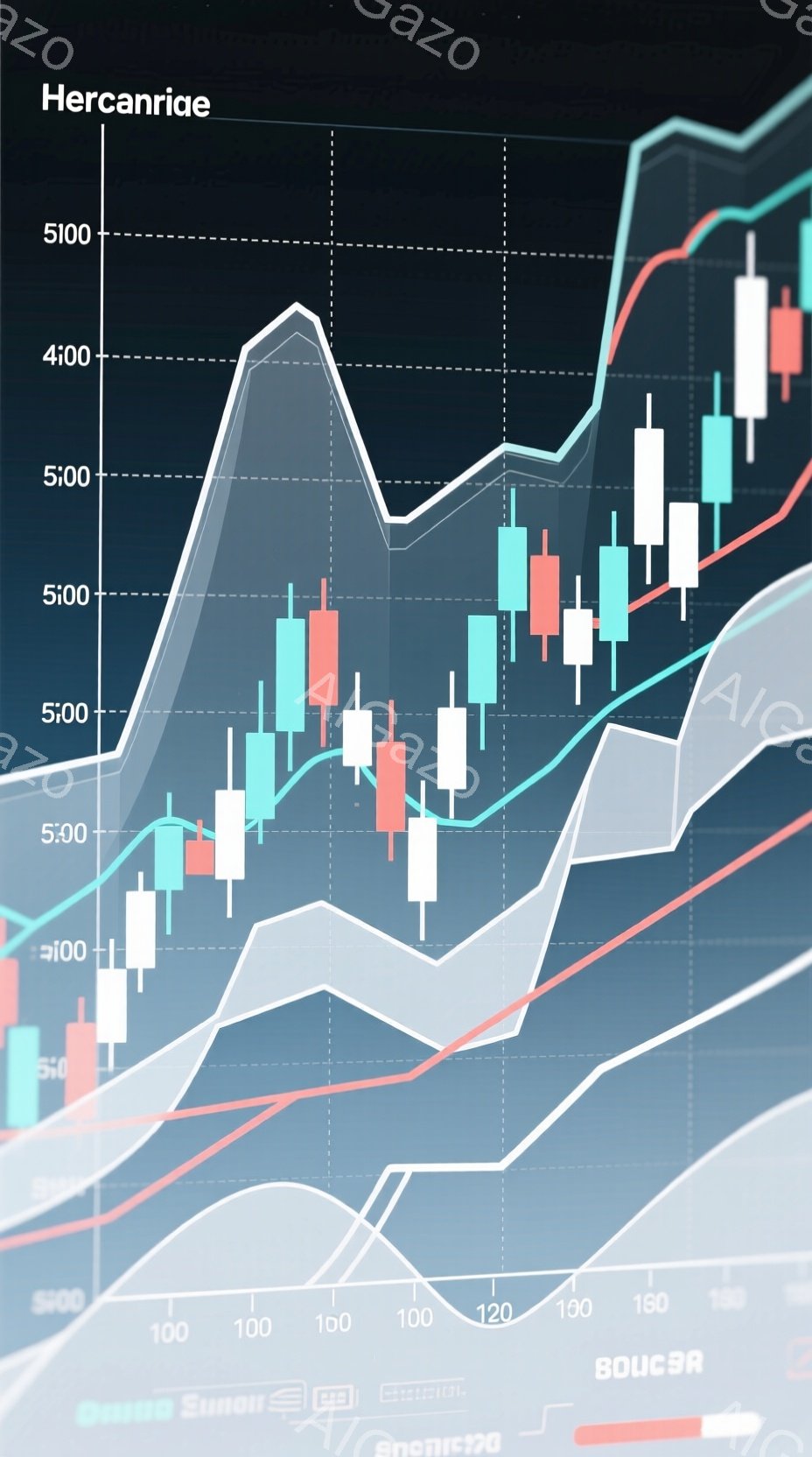この画像は、金融市場のチャートを示しており、キャンドルスティックチャートと移動平均線が重ねられています。緑と赤のキャンドルが市場の価格変動を表し、灰色の線は価格トレンドを示唆しています。全体として、こ - AI生成フリー素材