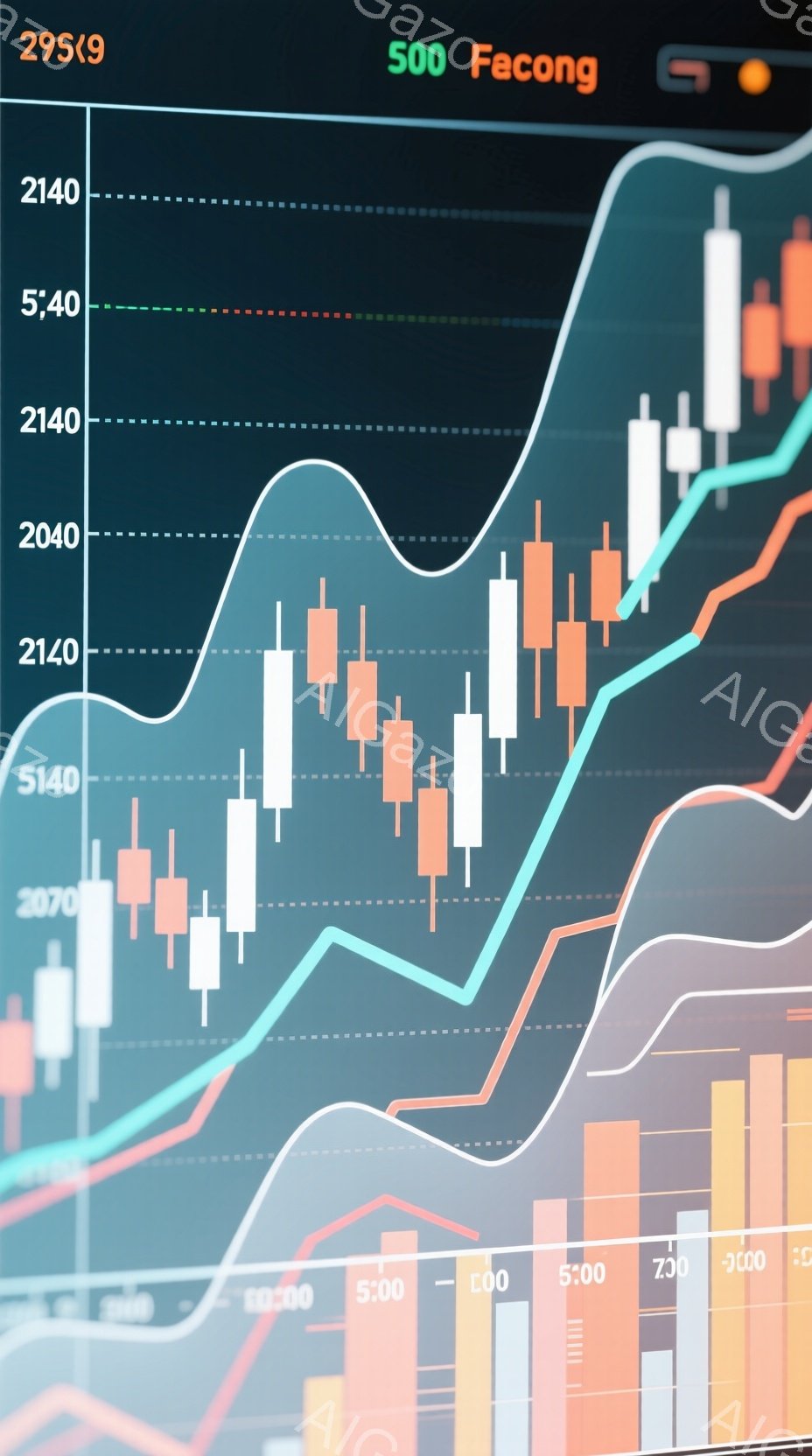 この画像は金融チャートで、上昇傾向にある線グラフと、それと並行して表示されているローソク足チャートで構成されています。背景はグラデーションがかかった灰色で、時間軸を示す数字が下部に表示されています。全 - AI生成フリー素材
