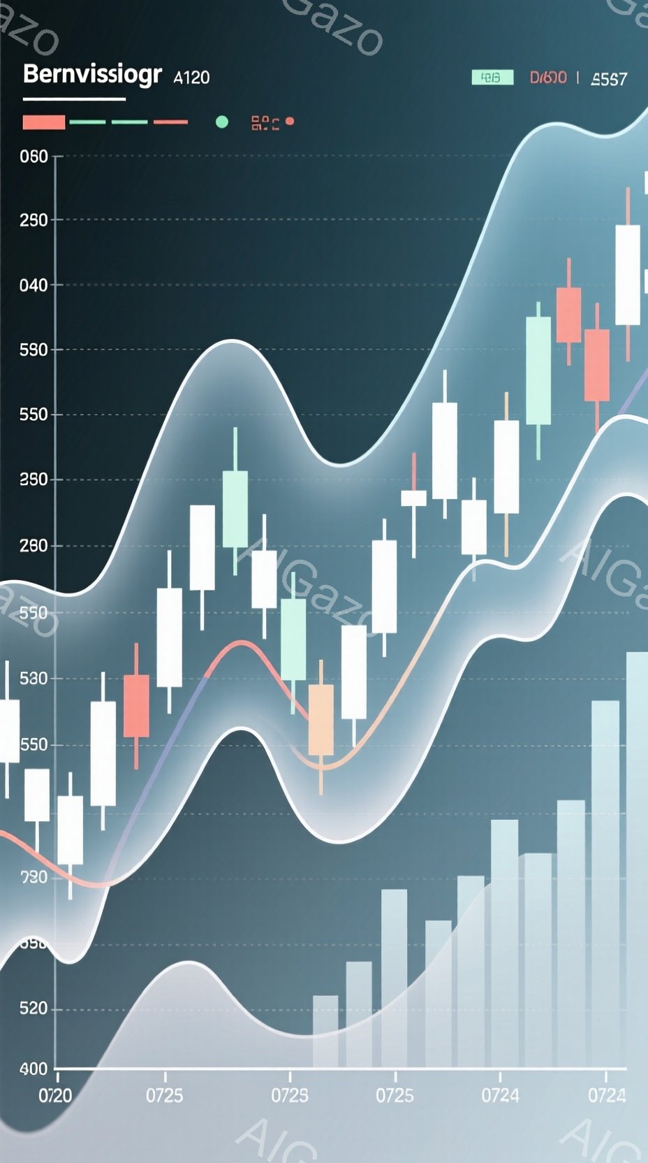 この画像は金融チャートを示しており、緑と赤の複数の棒グラフが並んでいます。 棒グラフの下には、水平軸に日付（0720から0725まで）が表示されており、背景はグラデーションのかかった灰色で、滑らかな曲線が重ねられています。 全体的に、金融市場の変動を示す視覚的な表現として構成されています。