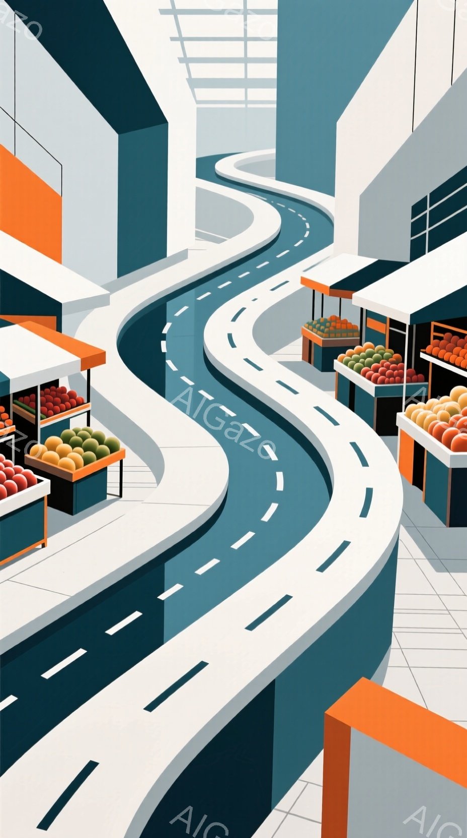 この画像は、鮮やかな色彩で描かれた市場の通路を捉えています。白とグレーのタイルで舗装された通路は、両側にオレンジ色の屋根の屋台が並び、新鮮な果物が陳列されています。全体的に、幾何学的な構成と鮮やかな色使いが特徴で、洗練された都会的な雰囲気を感じさせます。