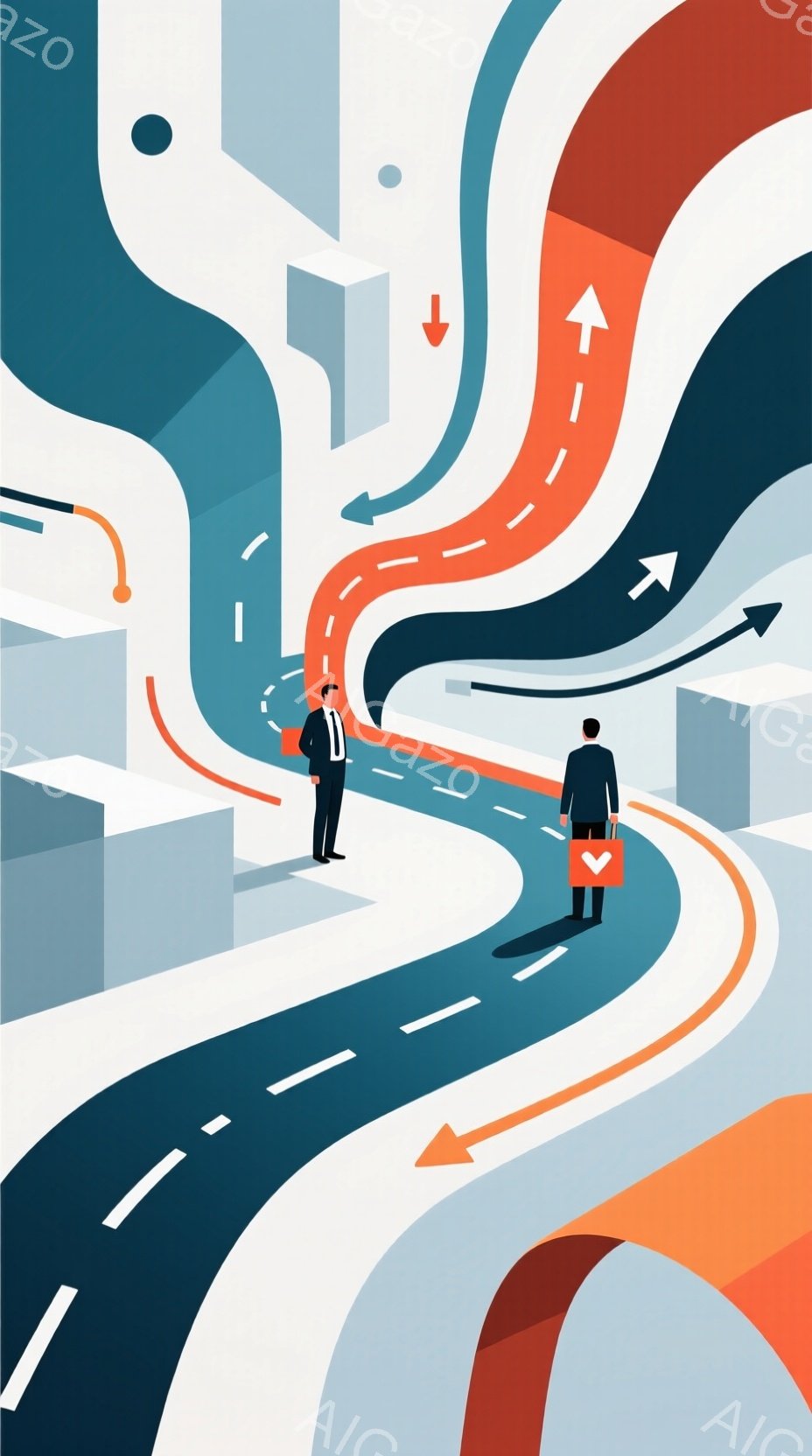 2人のビジネスマンが、曲がりくねった道路が交差する地点に立っている。彼らはスーツを着ており、片方は背を向けているため表情は読み取れないが、もう片方は相手を見つめているように見える。背景には幾何学的な建造物が配置され、道路は様々な色で表現されており、進むべき道を選択する状況を暗示している。