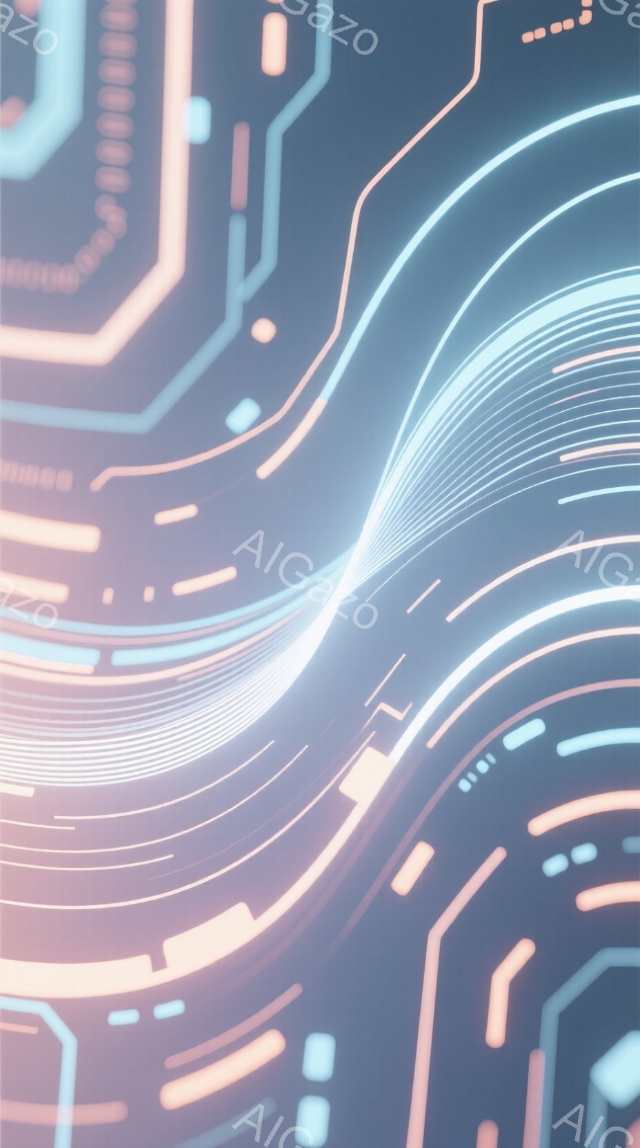 この画像は、青とオレンジの光の線が円弧状に広がる抽象的な表現です。線は未来的な回路基板のようなパターンを描き、暗い背景に浮かび上がっています。全体的に、テクノロジーとエネルギーを感じさせる、洗練された - AI生成フリー素材