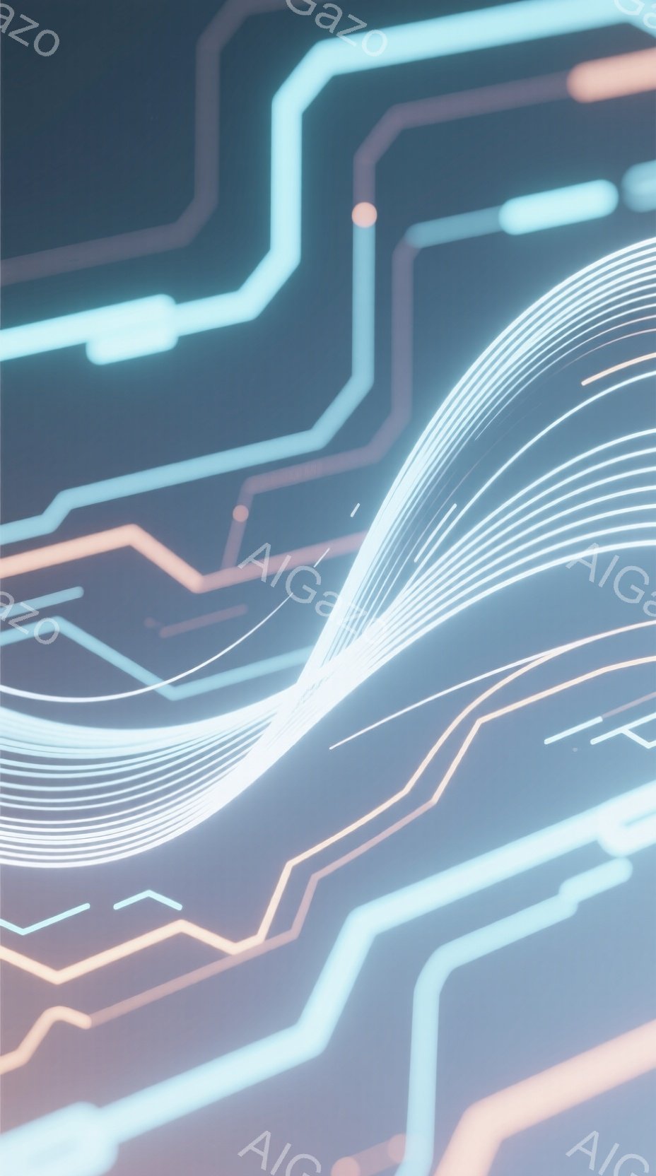 鮮やかなネオンブルーとオレンジ色の線が、暗い背景を複雑に織りなす抽象的な光のイメージです。線は流れるような曲線を描き、まるで電子回路や未来的なエネルギーの流れを表現しているかのようです。 全体的に、テ - AI生成フリー素材