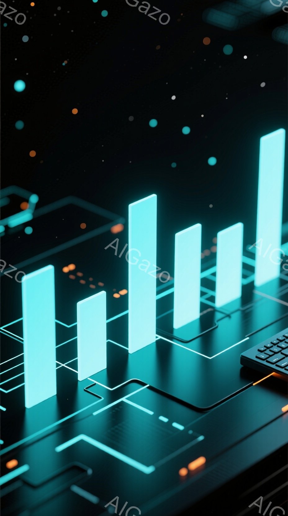 鮮やかな青色の棒グラフが、暗い背景に浮かび上がっています。グラフは未来的な回路図のような白い線で構成されたプラットフォーム上に配置され、右端にはテンキー式のデバイスが見えます。全体的に、テクノロジー、 - AI生成フリー素材