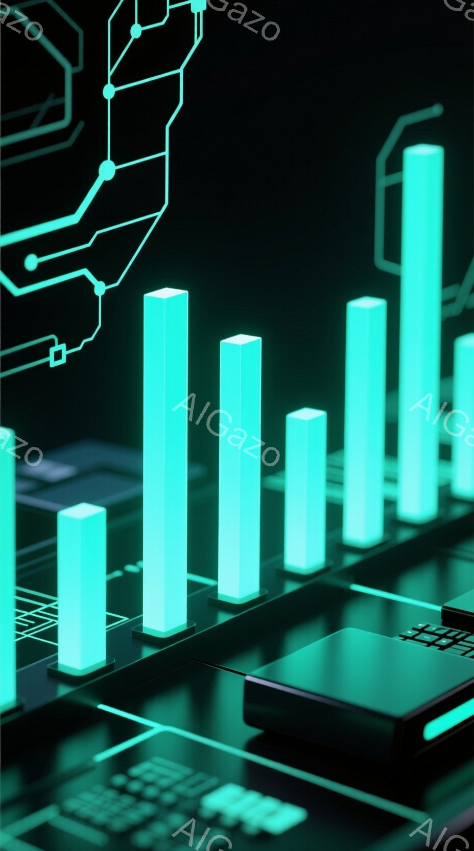 この画像は、明るいターコイズブルーの棒グラフが、反射する暗い表面上に配置された、未来的なデジタルイメージです。グラフは様々な高さで並び、背景には複雑な電子回路のような線が描かれており、まるでデータやテクノロジーを視覚化したようです。全体的に、洗練された、先進的な雰囲気を感じさせます。