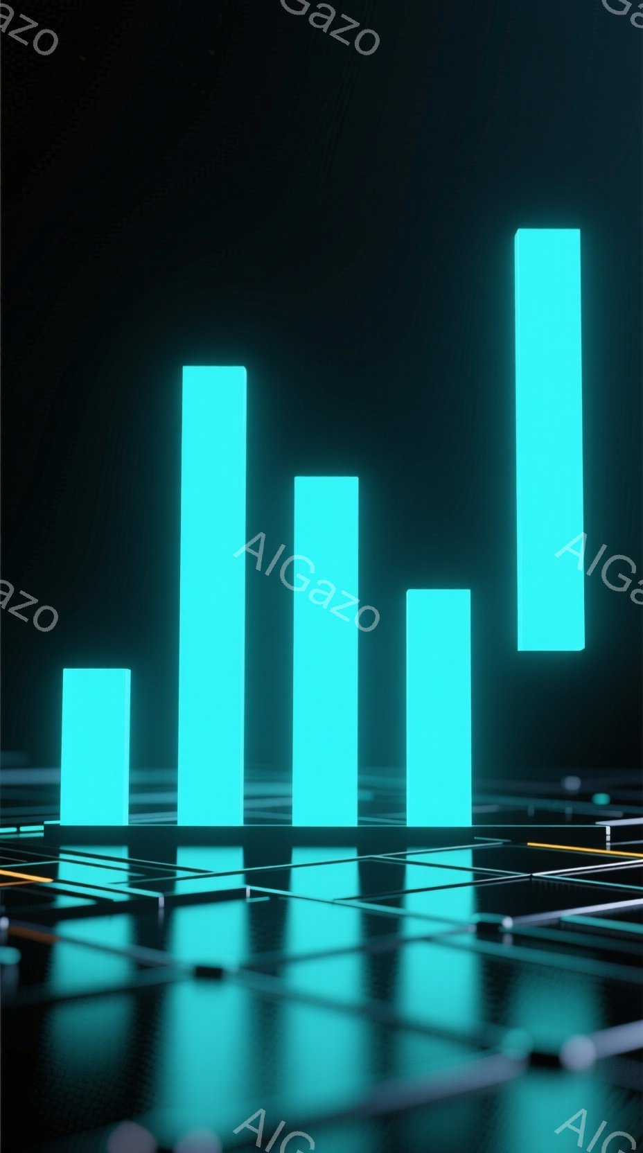 この画像は、青緑色の光る棒グラフが、格子状のプラットフォーム上に配置された様子を捉えています。各棒は異なる高さで、未来的なデジタル空間を彷彿とさせる光沢のある反射面を持っています。背景は暗く、集中線のような光の筋が遠近感を強調し、全体として洗練されたテクノロジー感を漂わせています。