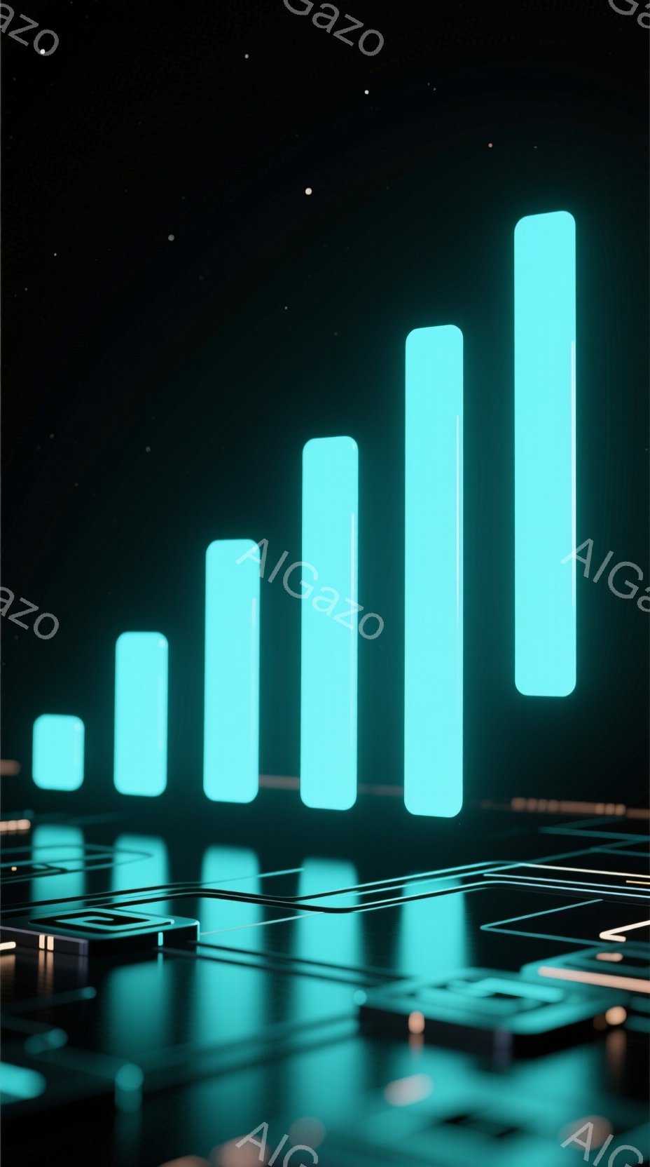 鮮やかなターコイズブルーの棒グラフが、暗い背景に浮かび上がっています。グラフの下には、発光する複雑な回路基板のような構造が広がり、未来的な雰囲気を醸し出しています。全体的に、デジタル世界やテクノロジー - AI生成フリー素材