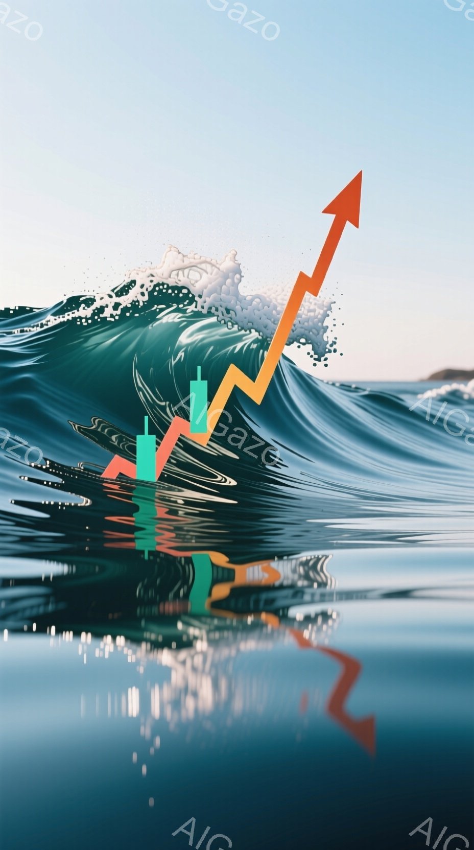 荒々しい波の背景に、株式市場のチャートが重ねられています。緑と赤の棒グラフが波の隆起と下降を模しており、最も高いポイントには上向きのオレンジ色の矢印が強調されています。波の表面には光が反射し、躍動感と - AI生成フリー素材