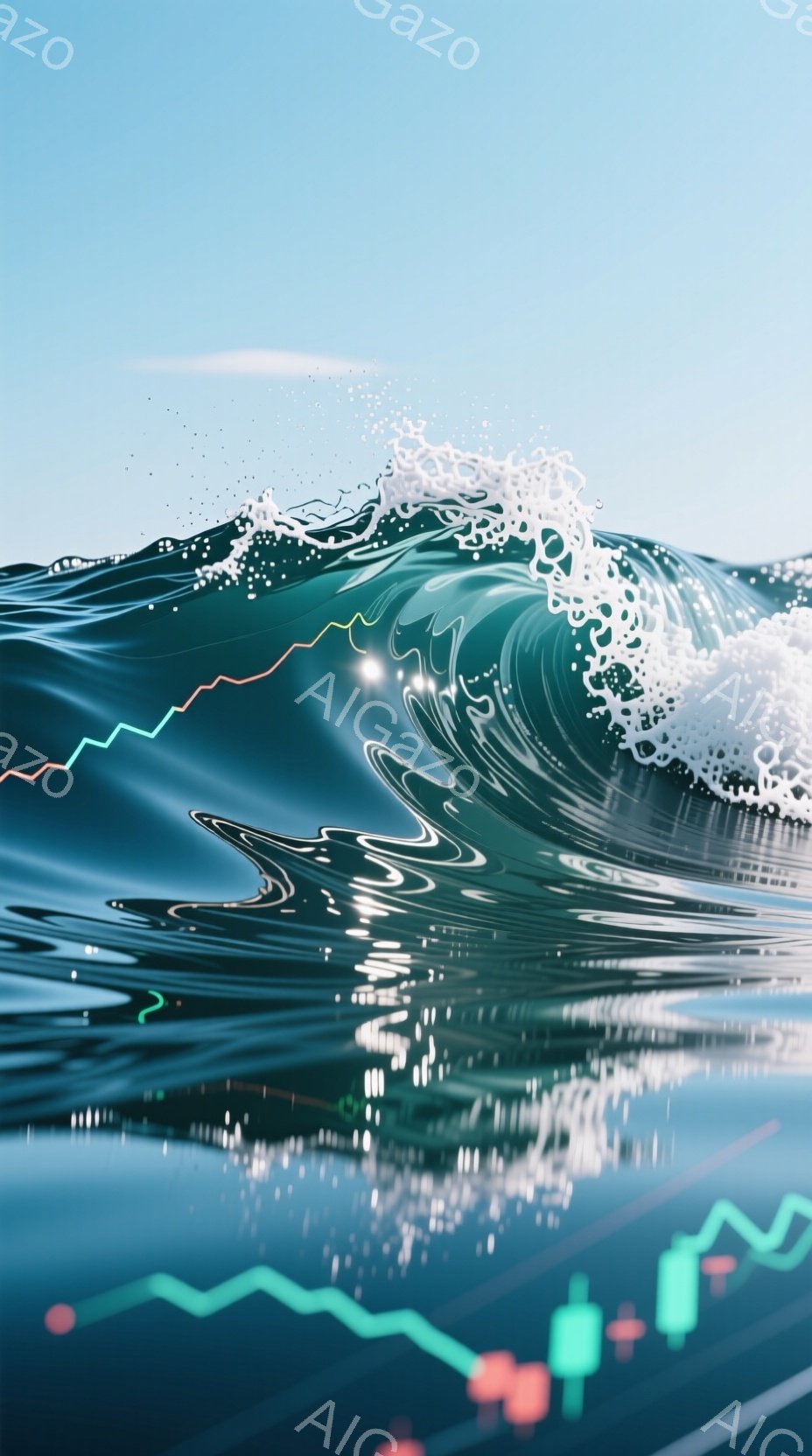 濃い青色の波が大きくうねり、白く泡立つ水しぶきが飛び散っている様子が描かれている。波の下部には、緑と赤の線グラフが表示されており、金融市場の変動を表しているように見える。全体的に、力強い自然の力と不安定な経済状況が組み合わさった、ダイナミックで印象的なイメージである。