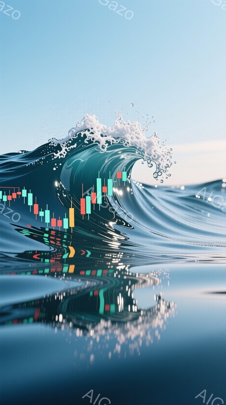 鮮やかなターコイズブルーの波が力強くうねり、波の表面には緑、赤、黄色の小さな長方形の光が並んでいます。波は水面を反射し、光が水面下にキラキラと輝いており、全体的に金融市場のチャートのような印象を与えま - AI生成フリー素材