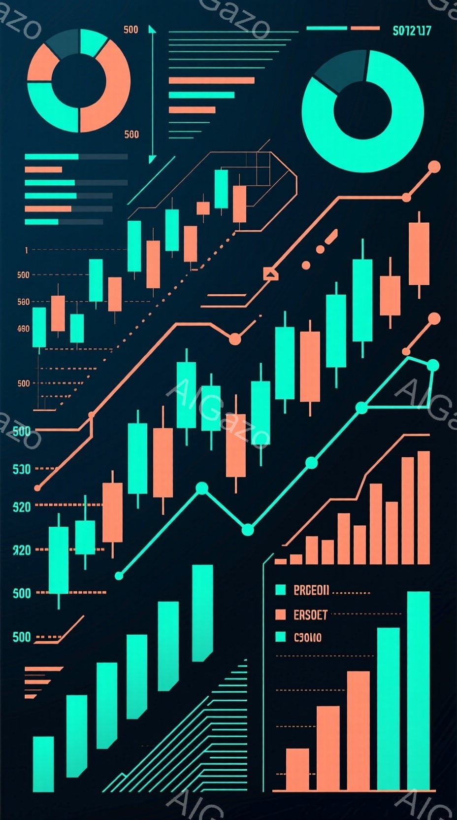 この画像は、複数の色の棒グラフと円グラフが組み合わさった金融チャートです。グラフは緑、赤、青などの色で表現され、価格変動やトレンドを示すように配置されています。背景は暗色で、グラフが際立っており、全体として金融市場の分析や投資に関連する情報を視覚的に表しているように見えます。