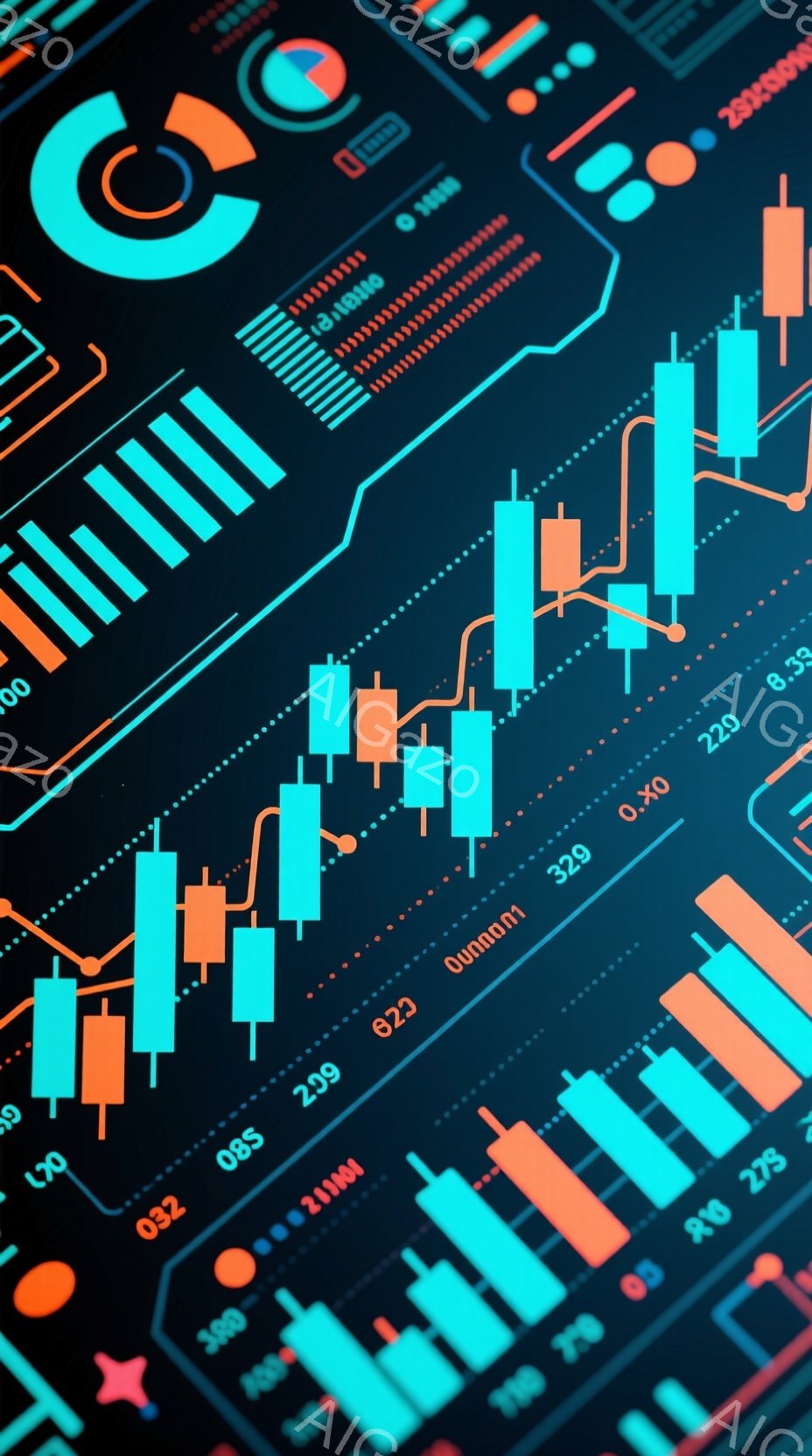 この画像は、鮮やかな青とオレンジ色のキャンドルチャートが複雑に配置された金融市場の図表です。チャートは未来的なデザインで、数字や記号が散りばめられており、活発な取引活動を暗示しています。全体的に、技術 - AI生成フリー素材